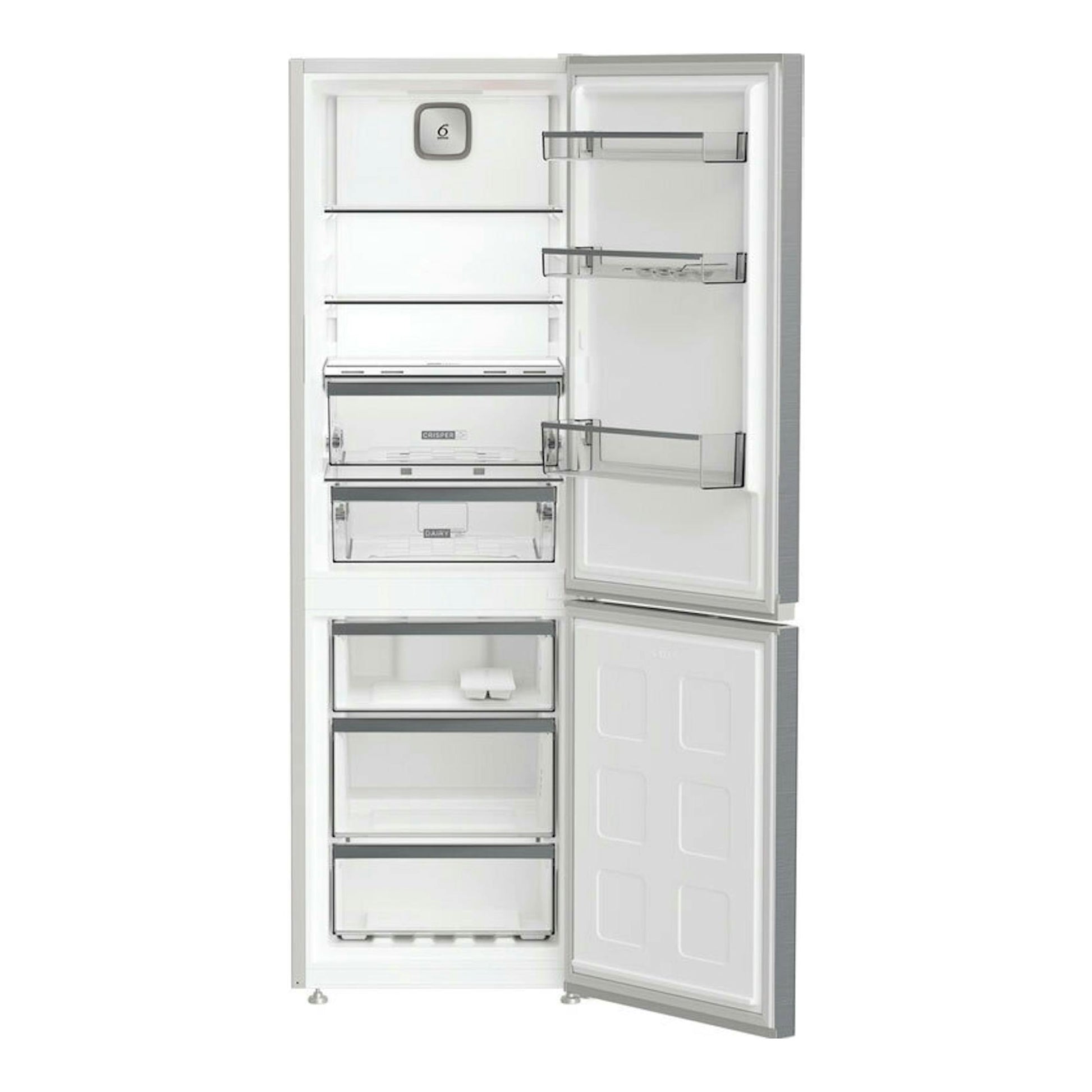 Frigorífico combi Whirlpool WHK26363XP6E Pearl Inox abierto, vista frontal con interior y cajones.