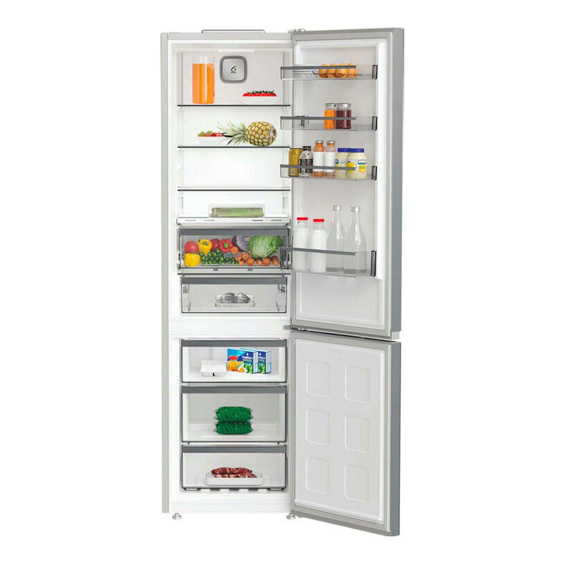 Frigorífico combi Whirlpool WHK26404XP5E en inox, vista frontal con puertas abiertas y cajones interiores.