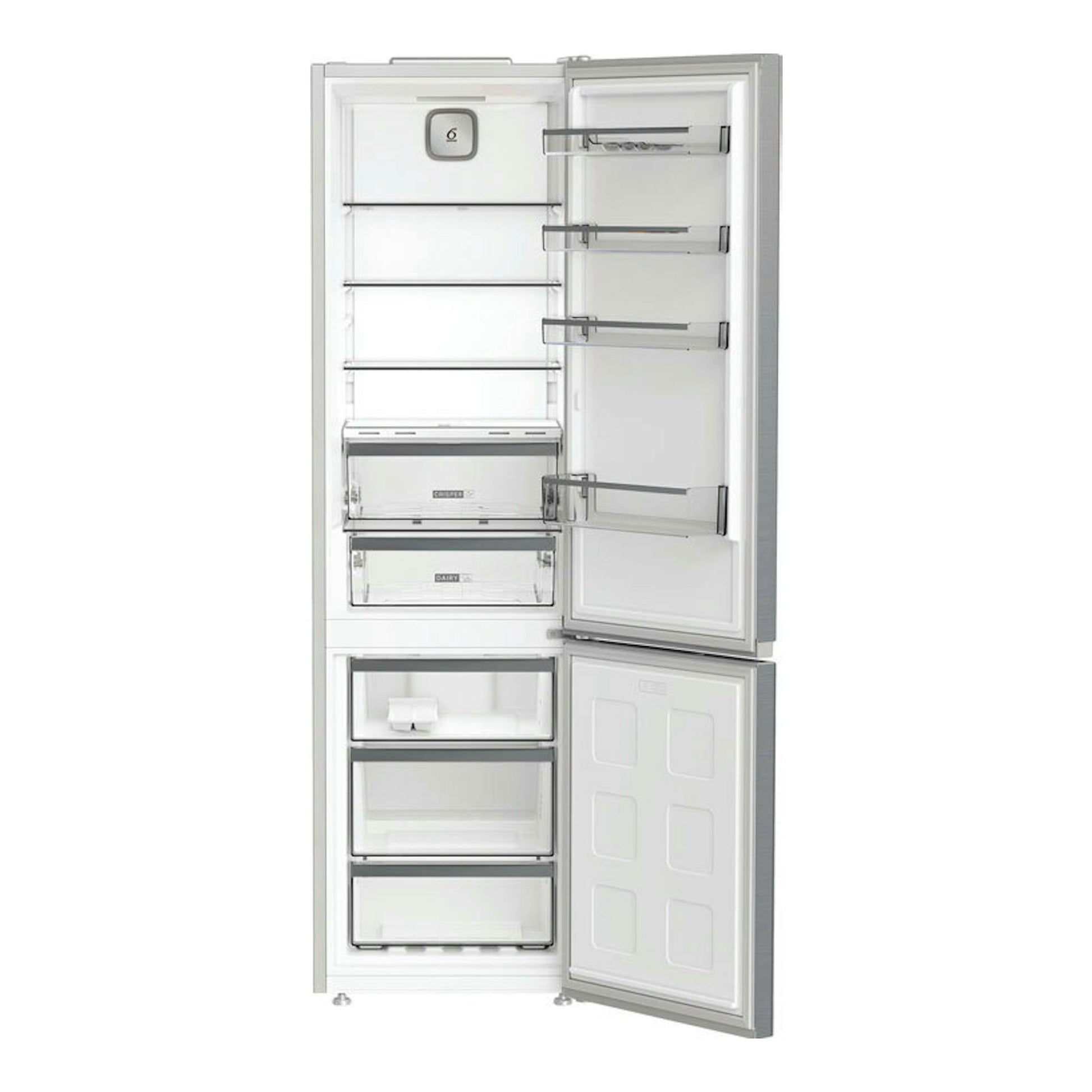 Frigorífico combi Whirlpool WHK26404XP5E en acabado inox, puertas abiertas, interior blanco visto de frente.