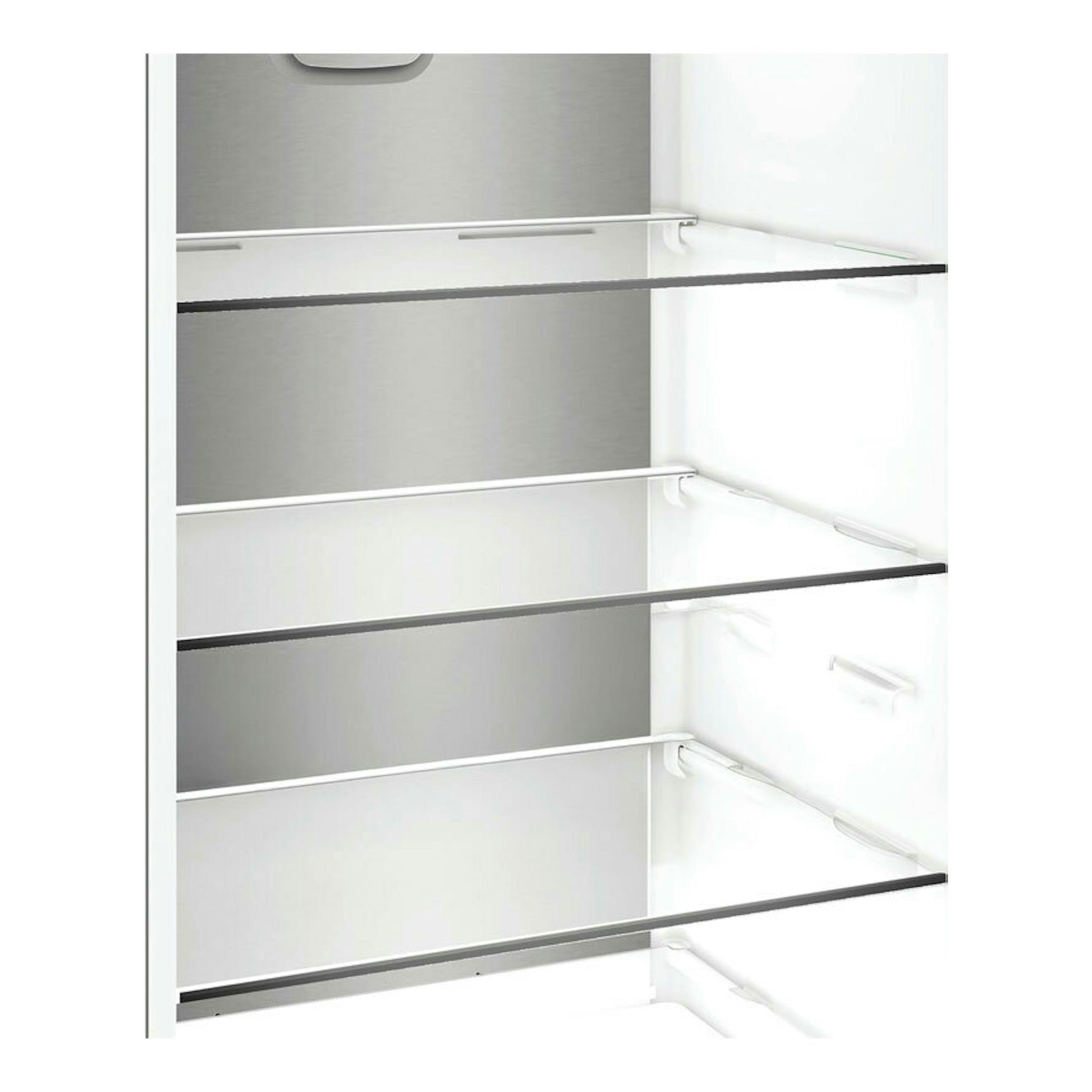 Interior de frigorífico Whirlpool WHK26404XP7E Pearl Inox, vista frontal con baldas de vidrio y paredes blancas.