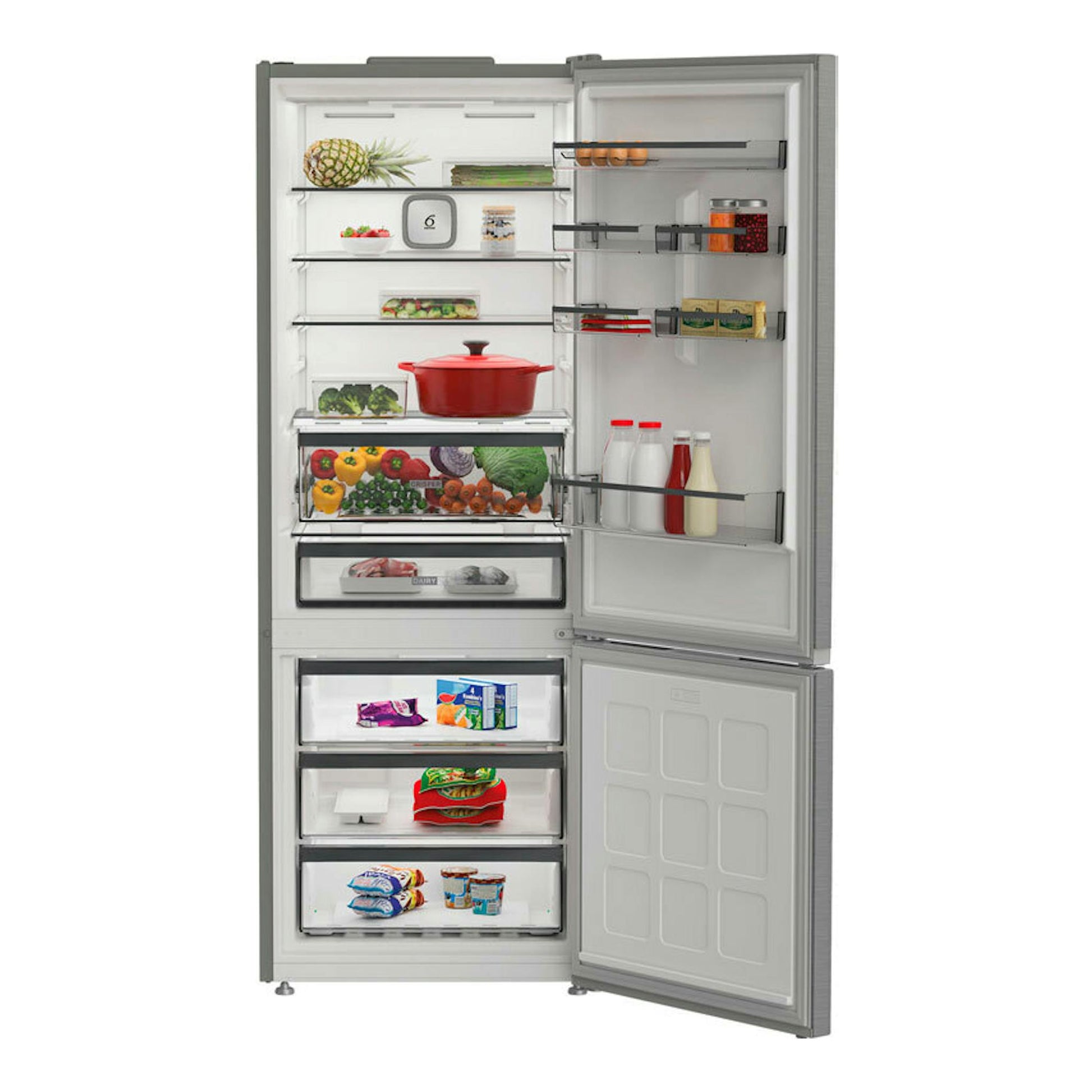 Frigorífico combi Whirlpool WHK26493X5E inox, vista frontal con puertas abiertas e interior visible.