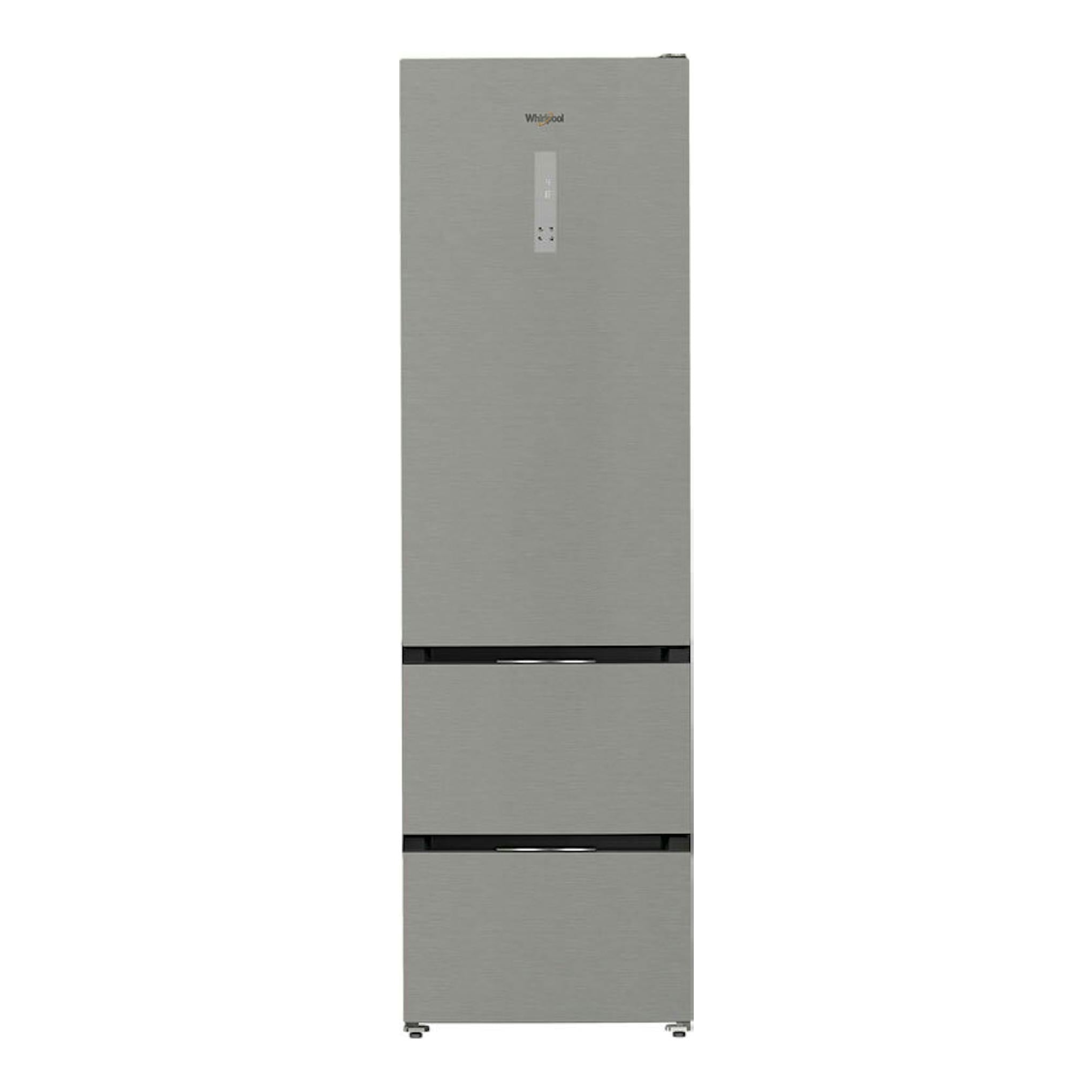 Frigorífico combi Whirlpool WHKF6352X5E inox, vista frontal, con puertas en acero cepillado.
