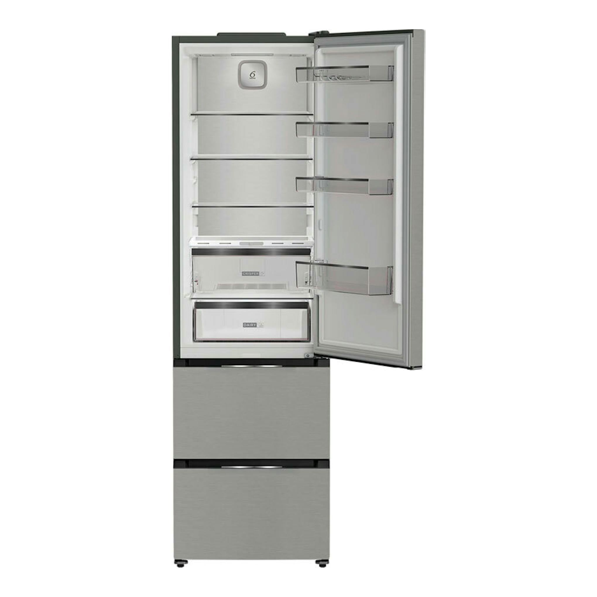 Frigorífico combi Whirlpool WHKF6352X5E inox, vista frontal con puerta abierta y cajones interiores.