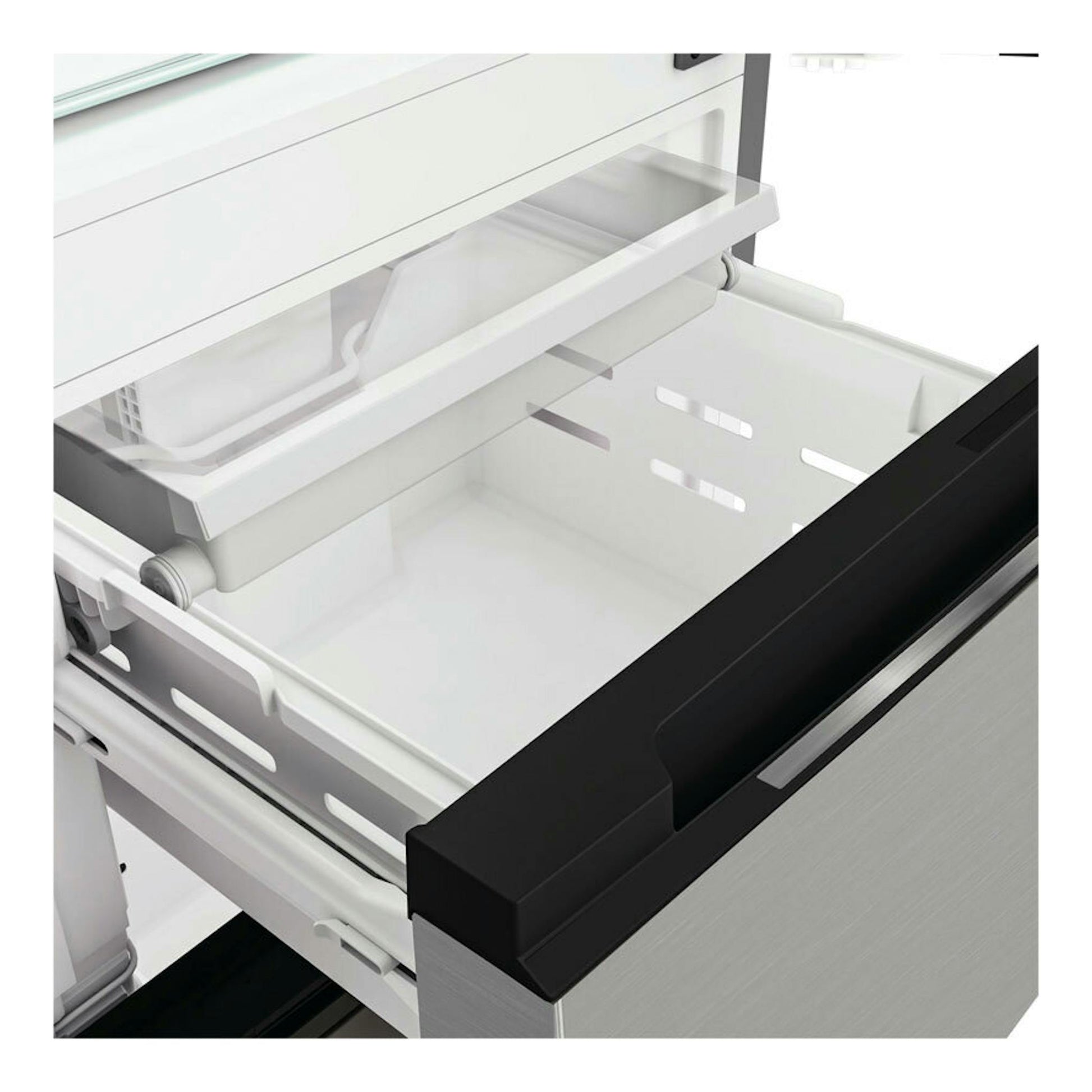 Frigorífico combi Whirlpool WHKF6352X5E inox, detalle de cajón extraíble blanco y frontal de acero inoxidable.