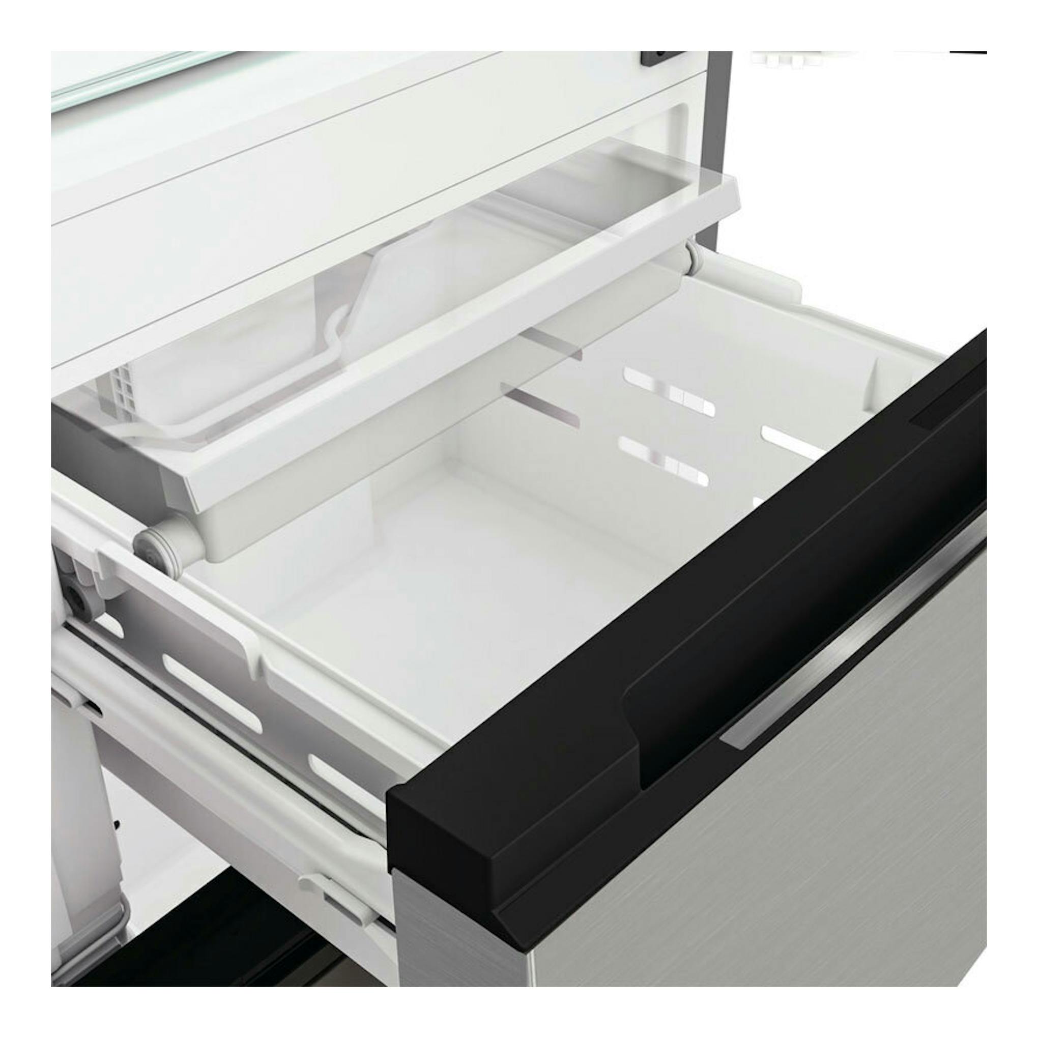 Frigorífico combi Whirlpool WHKF6352X5E inox, detalle de cajón extraíble blanco y frontal de acero inoxidable.