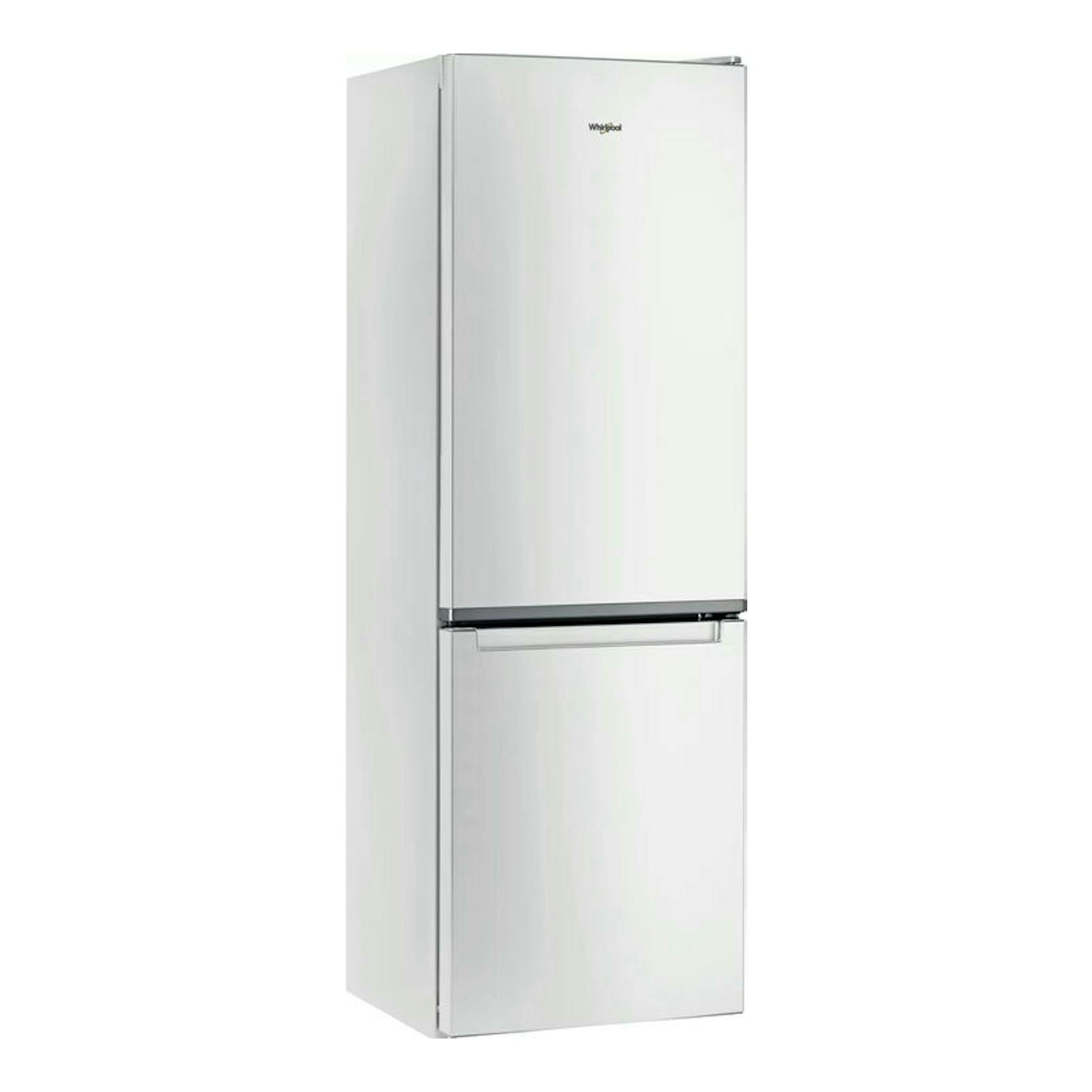 Frigorífico combi Whirlpool WNF 821 E W blanco, vista frontal en ángulo, con dos puertas.