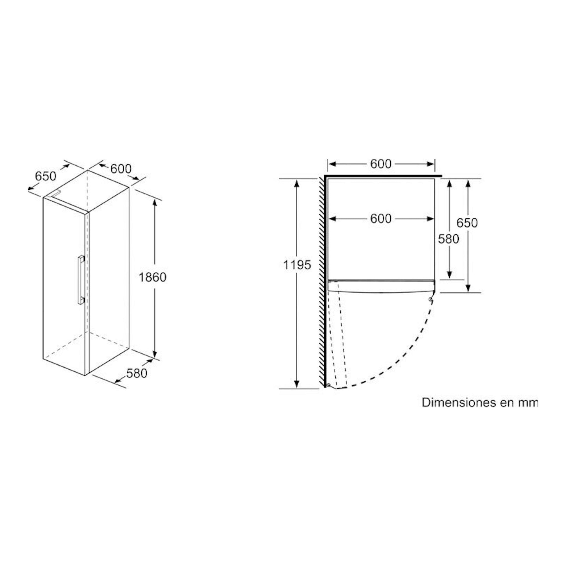Bosch KSV36FIEP: esquema técnico de frigorífico de 1 puerta, vista isométrica y lateral, con medidas en mm.