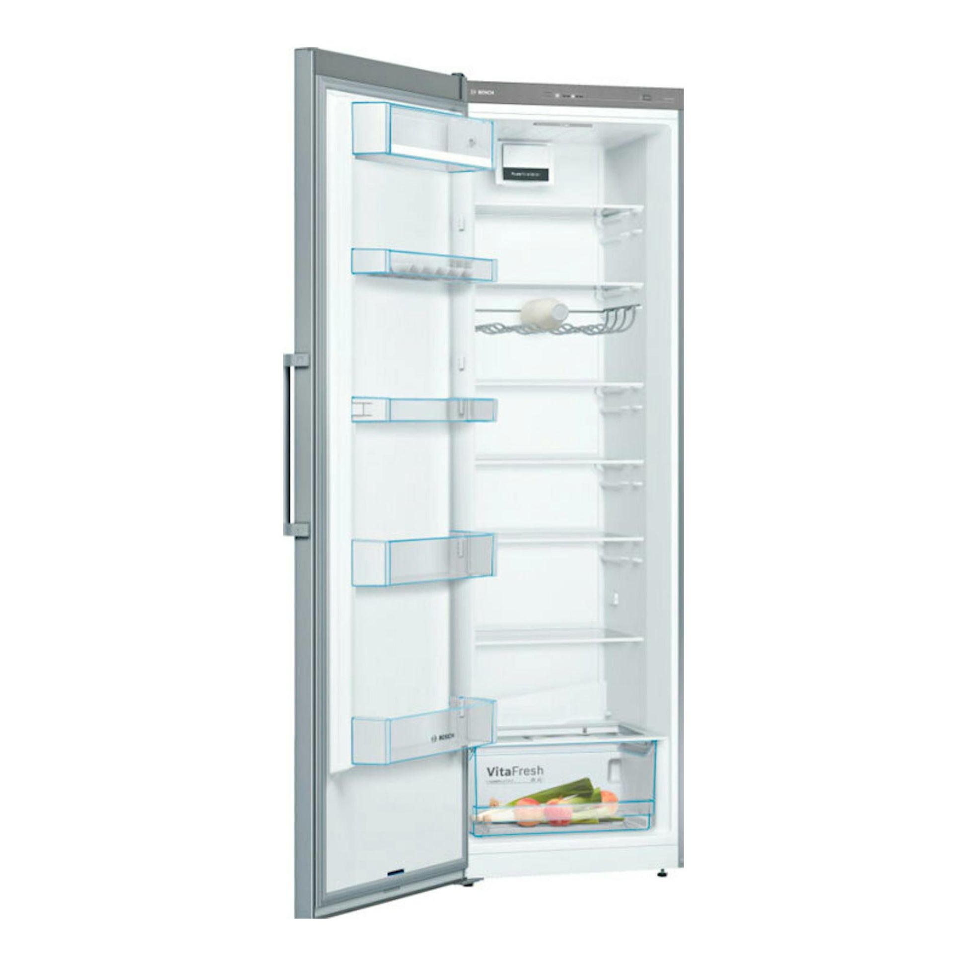 Frigorífico Bosch KSV36FIEP inox, vista frontal con la puerta abierta y estantes interiores visibles.