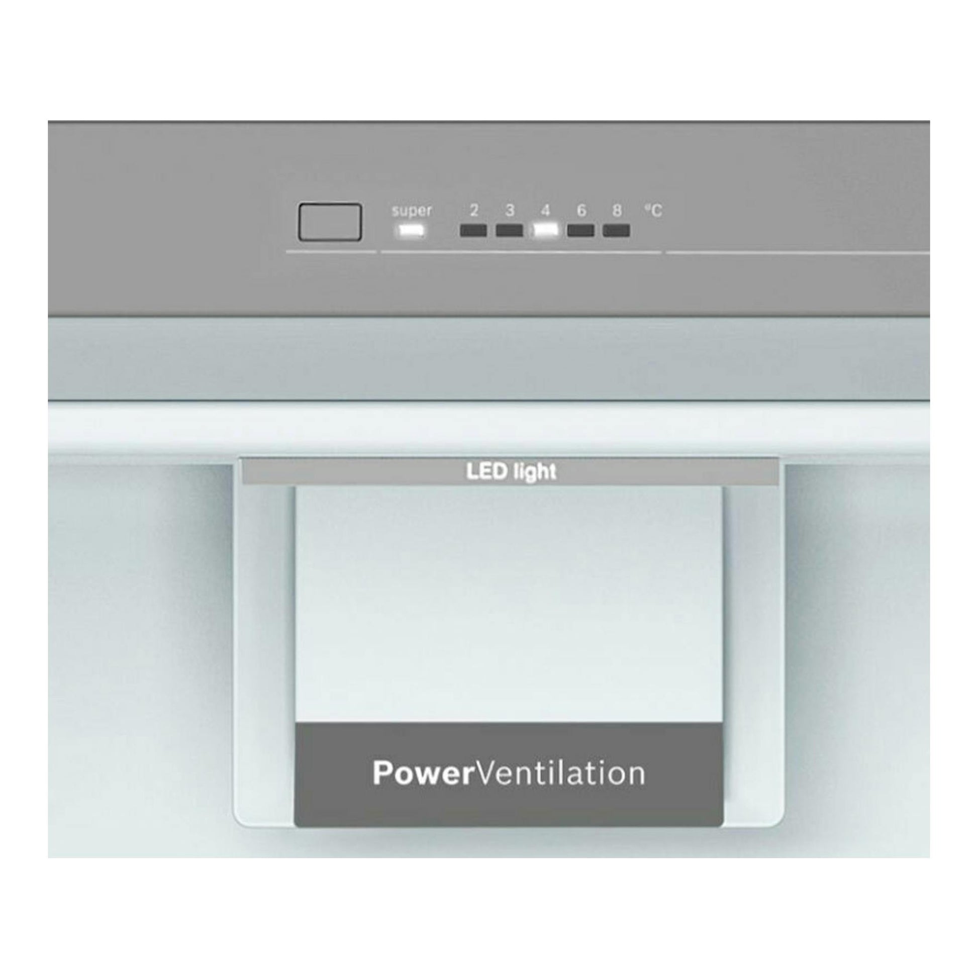 Bosch KSV36FIEP Inox, primer plano del interior superior del frigorífico con panel LED y PowerVentilation.