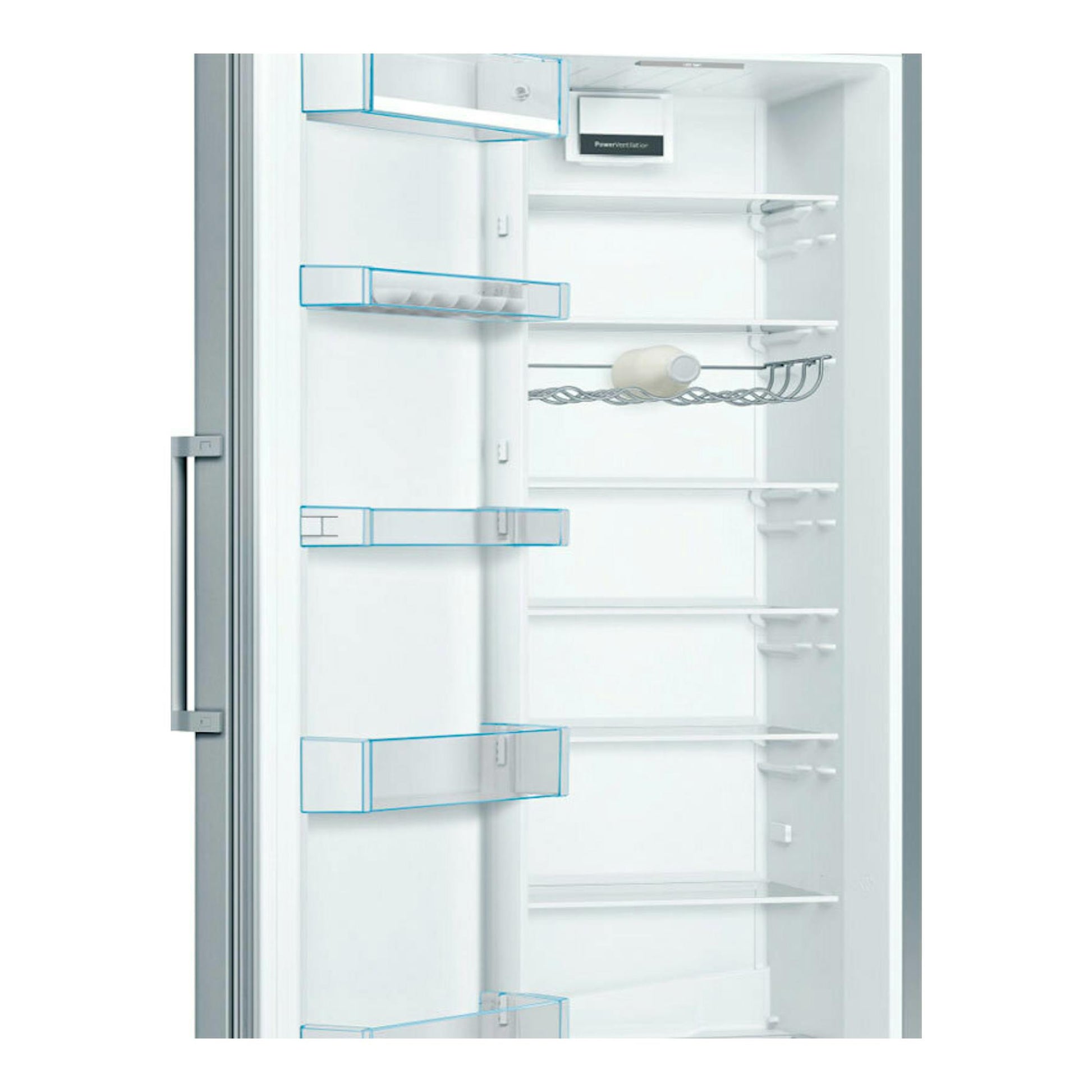 Interior de frigorífico Bosch KSV36FIEP inox, vista frontal con puerta abierta y baldas vacías.