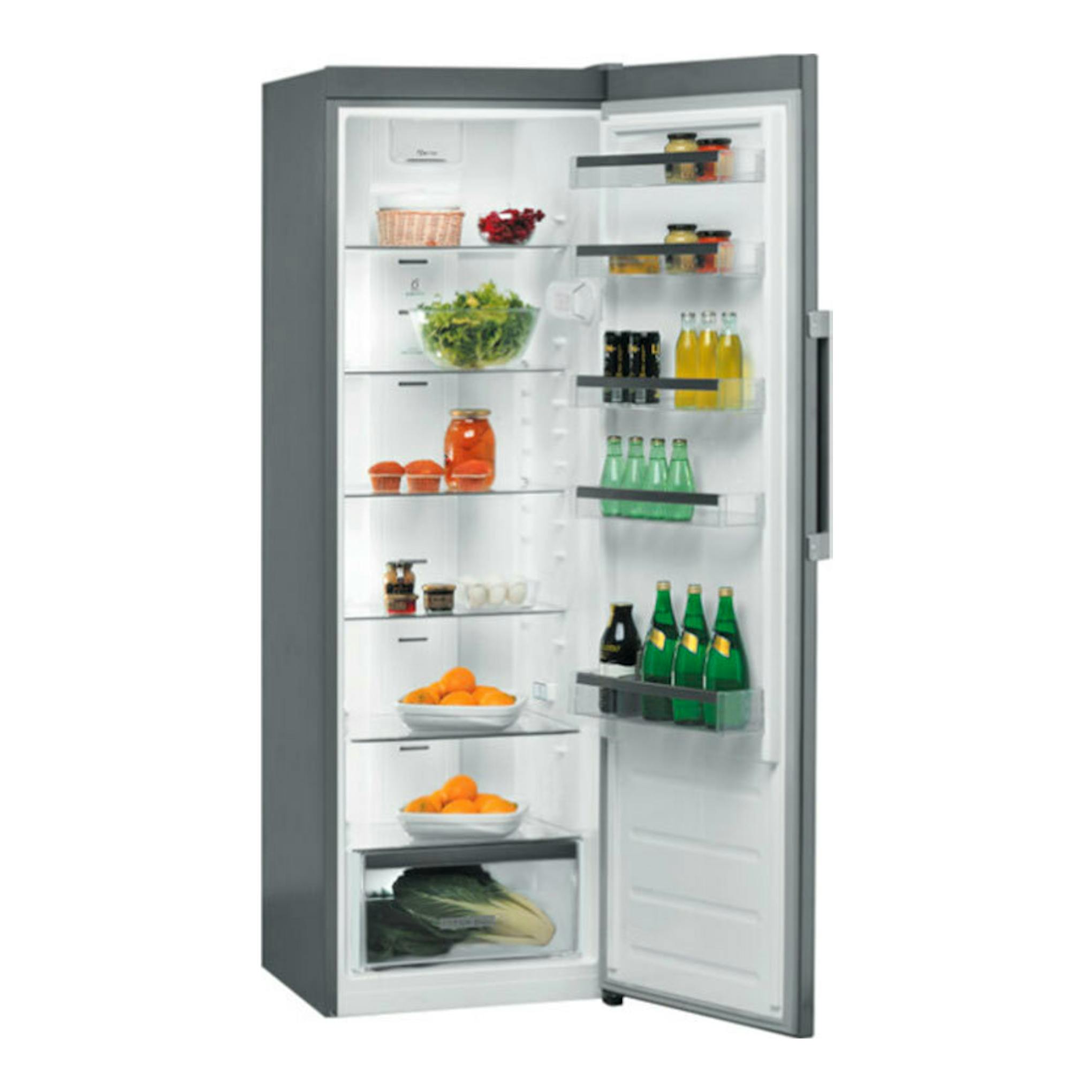 Frigorífico Whirlpool SW8 AM2Q X 2 inox, vista frontal con la puerta abierta y estantes interiores visibles.