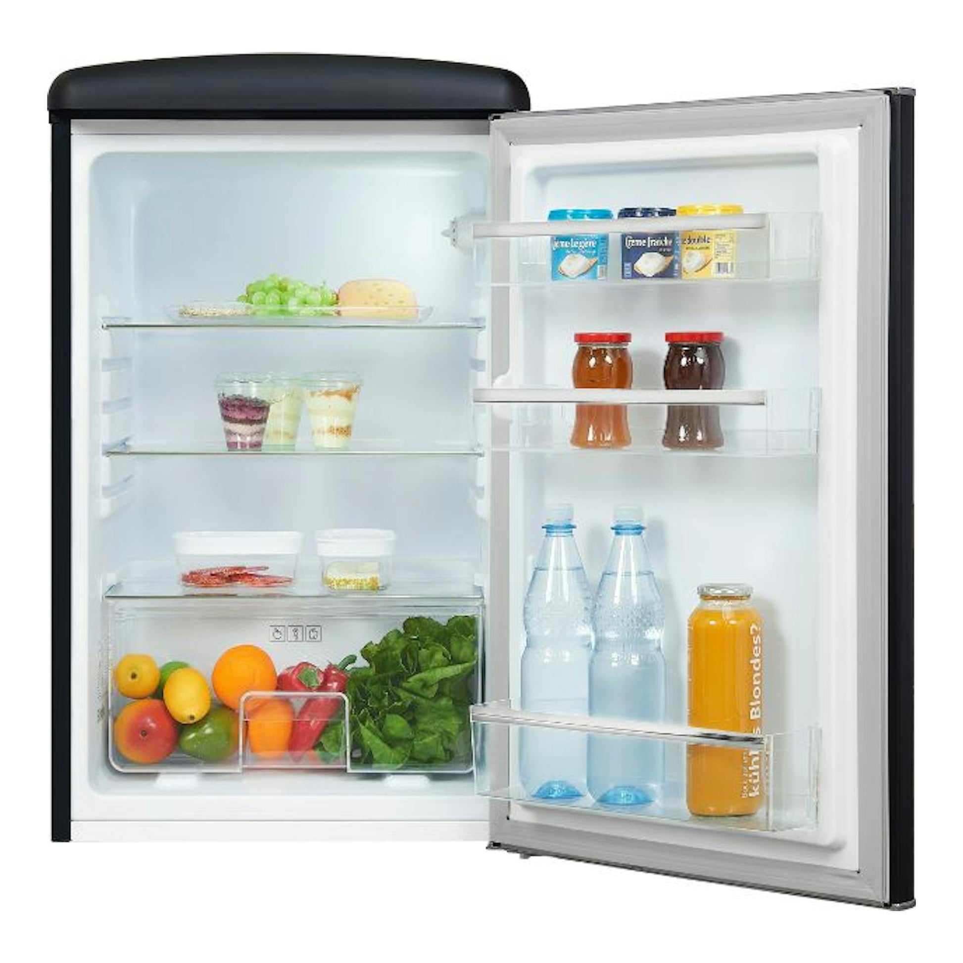 Frigorífico Exquisit RKS120-V-H-160E negro mate, vista frontal con puerta abierta y estantes con alimentos.
