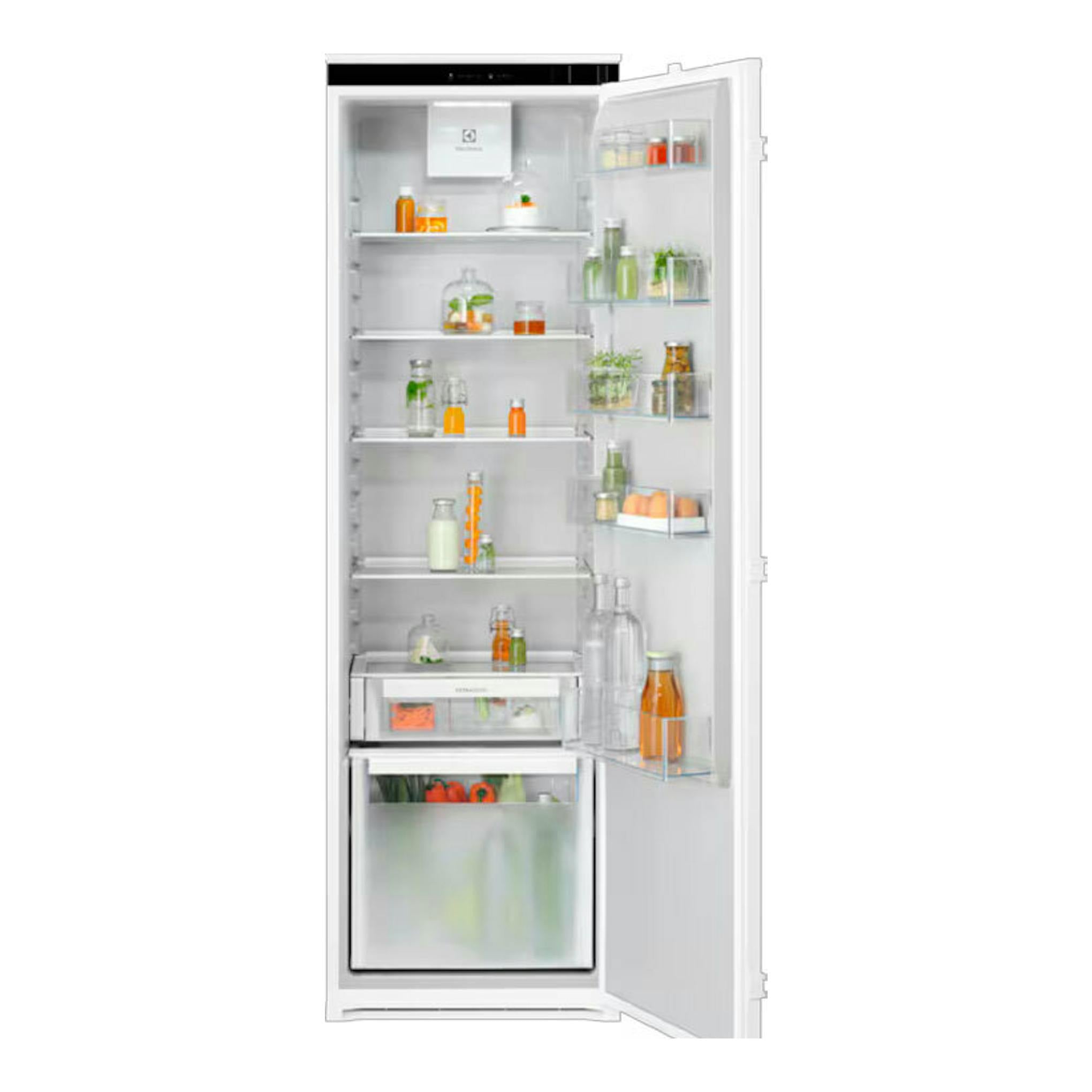 Frigorífico integrable Electrolux ERD6DE18S1, vista frontal con puerta abierta, interior blanco.