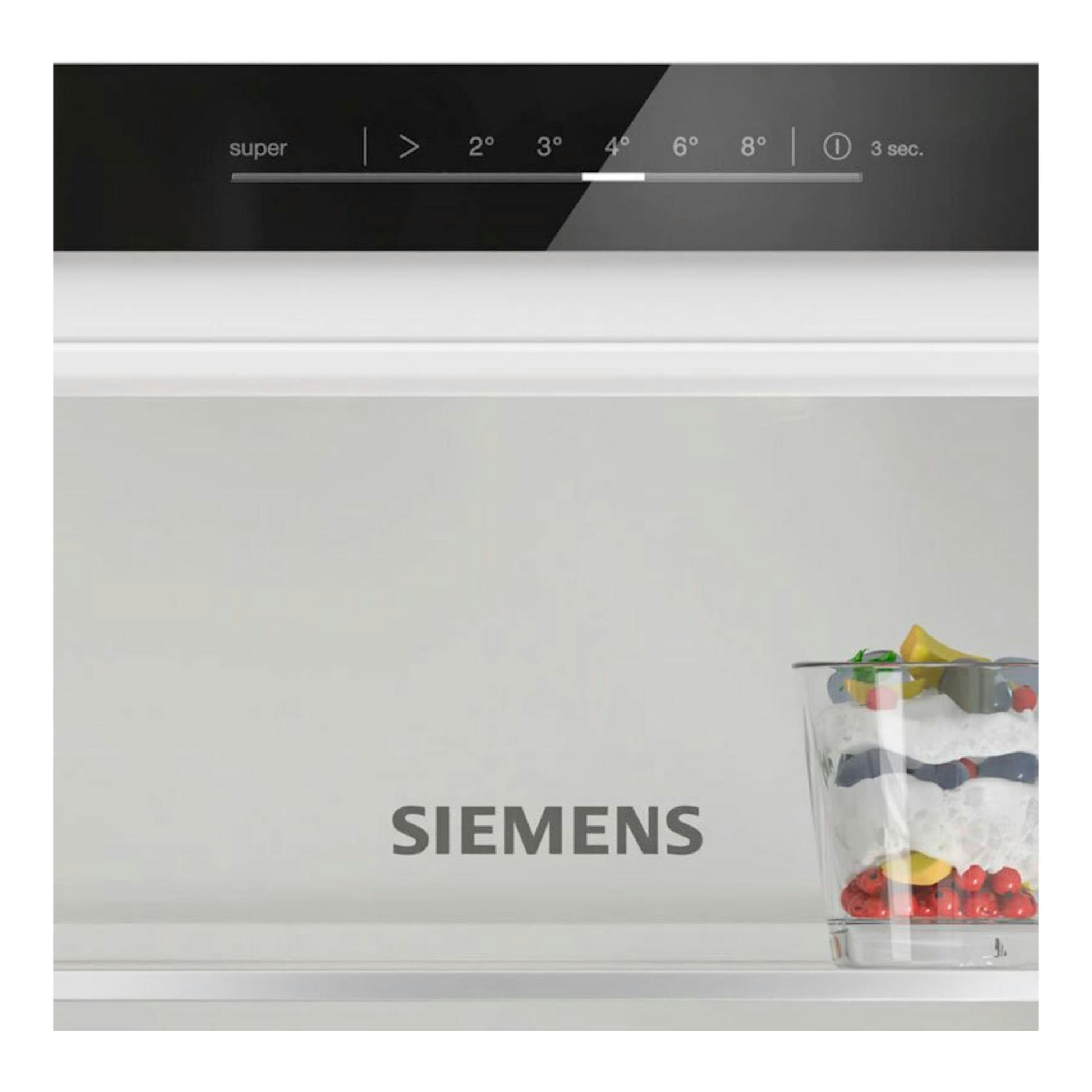 Frigorífico integrable Siemens KI86NVSE0, vista frontal, puerta blanca y panel superior negro con controles táctiles.