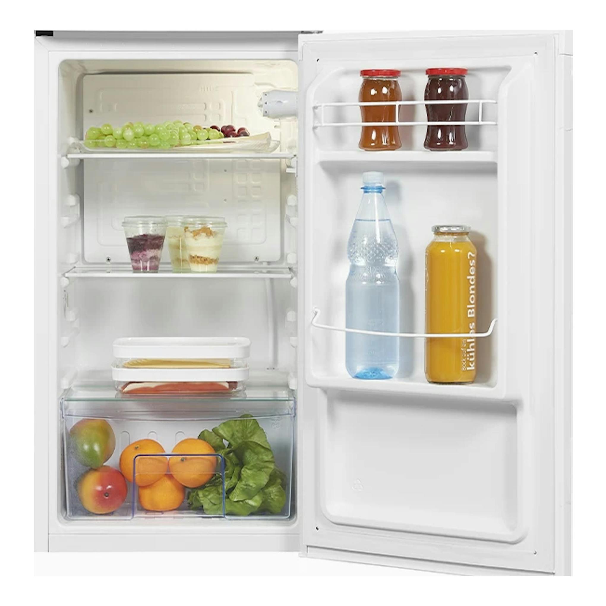 Frigorífico compacto Exquisit KS85-V-091E blanco, vista frontal abierto, con estantes y cajón de verduras.
