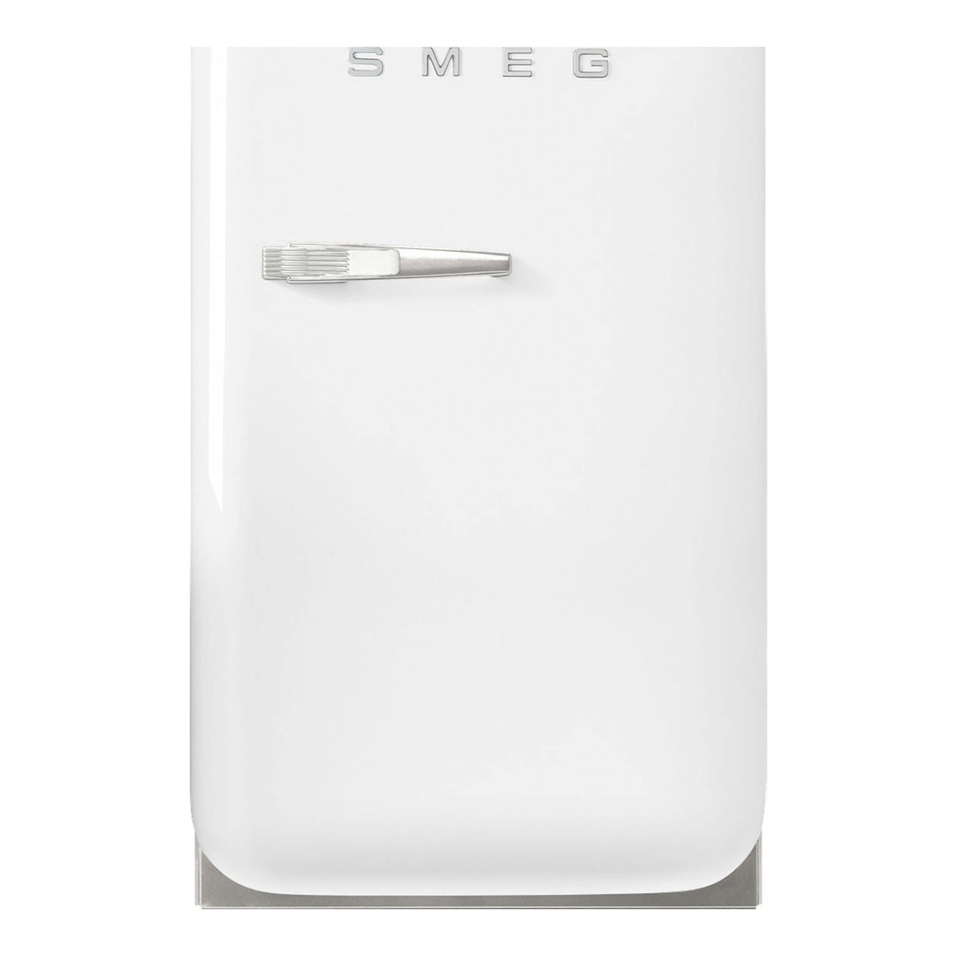 Frigorífico compacto Smeg FAB5RWH5 blanco, vista frontal, con logo Smeg y tirador metálico.