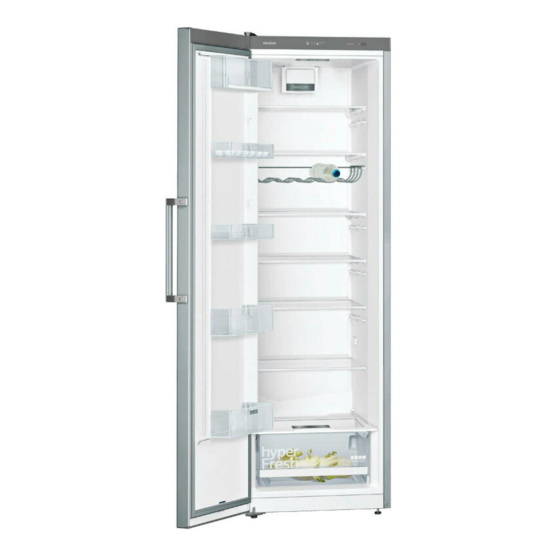 Frigorífico Siemens KA95NVIEP inox, vista frontal con puerta abierta e interior blanco y cajón hyperFresh.