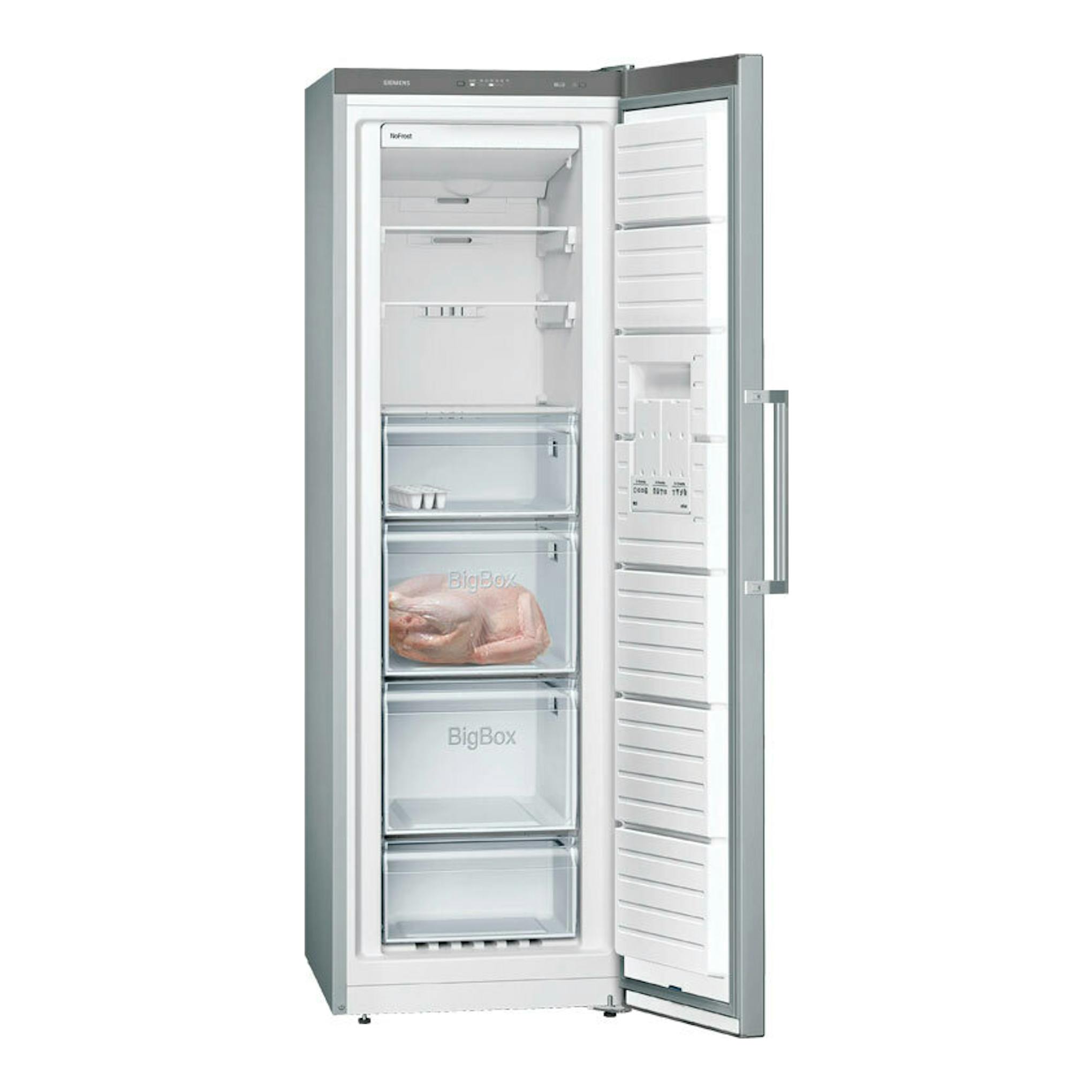 Frigorífico side by side Siemens KA95NVIEP inox, vista frontal con puerta abierta e interior blanco.