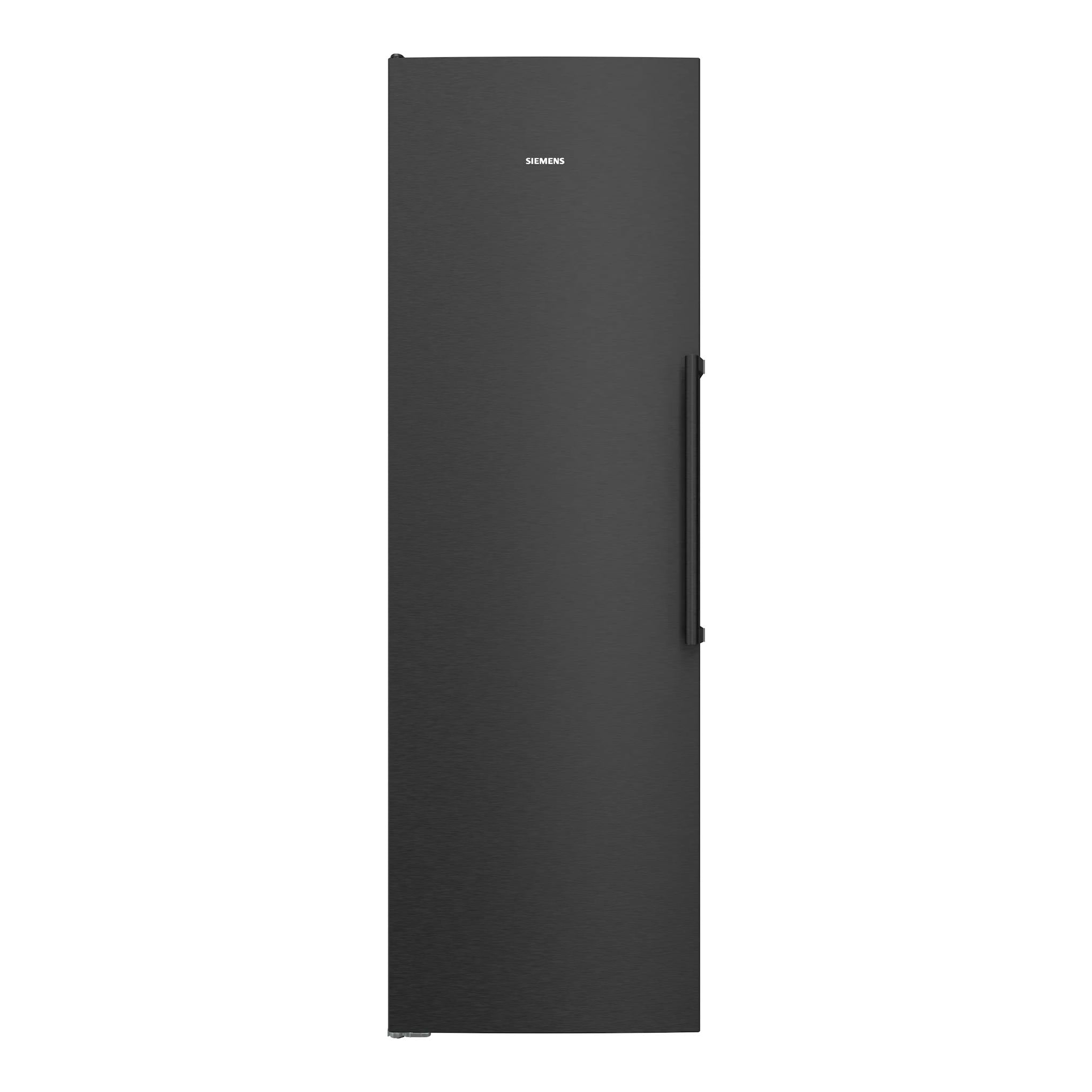 Frigorífico Siemens KS36NAXCG negro, vista frontal, con puerta lisa y tirador vertical a la derecha.