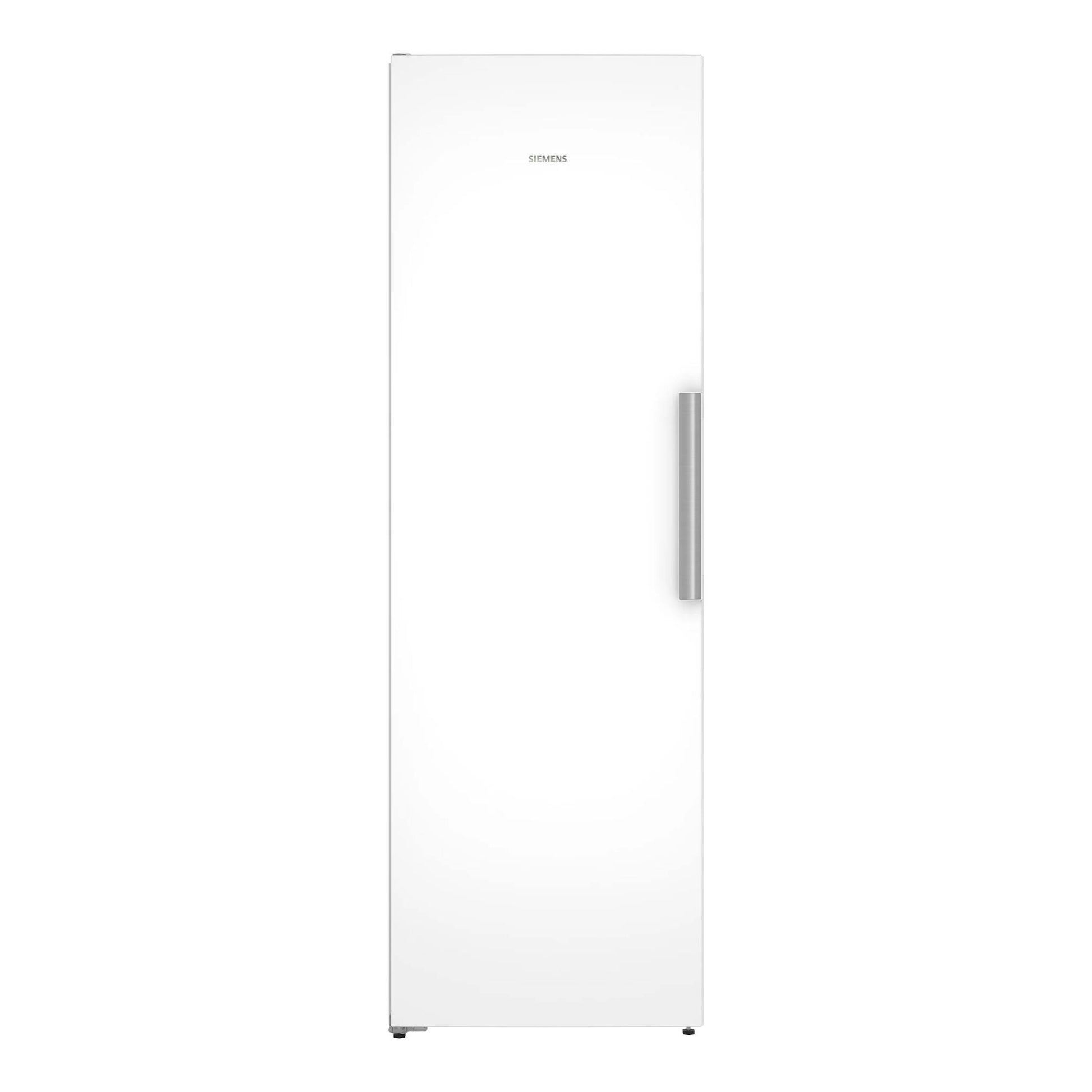 Frigorífico Siemens KS36NVWCG blanco, vista frontal, con tirador vertical gris a la derecha.