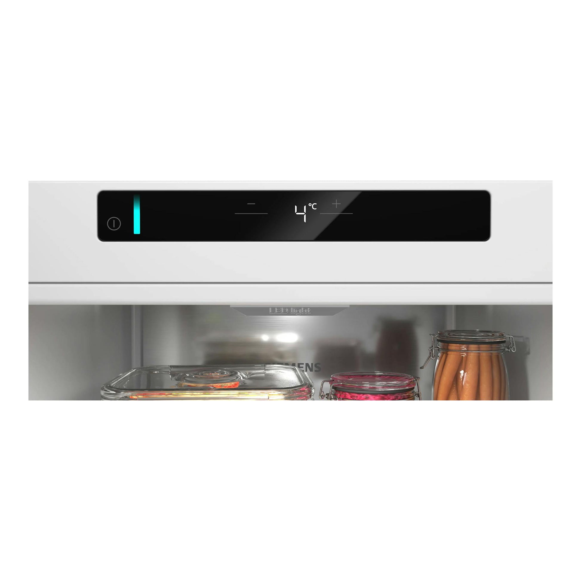 Frigorífico Siemens KS36NVWCG blanco, vista frontal del panel táctil negro y del interior con tarros.