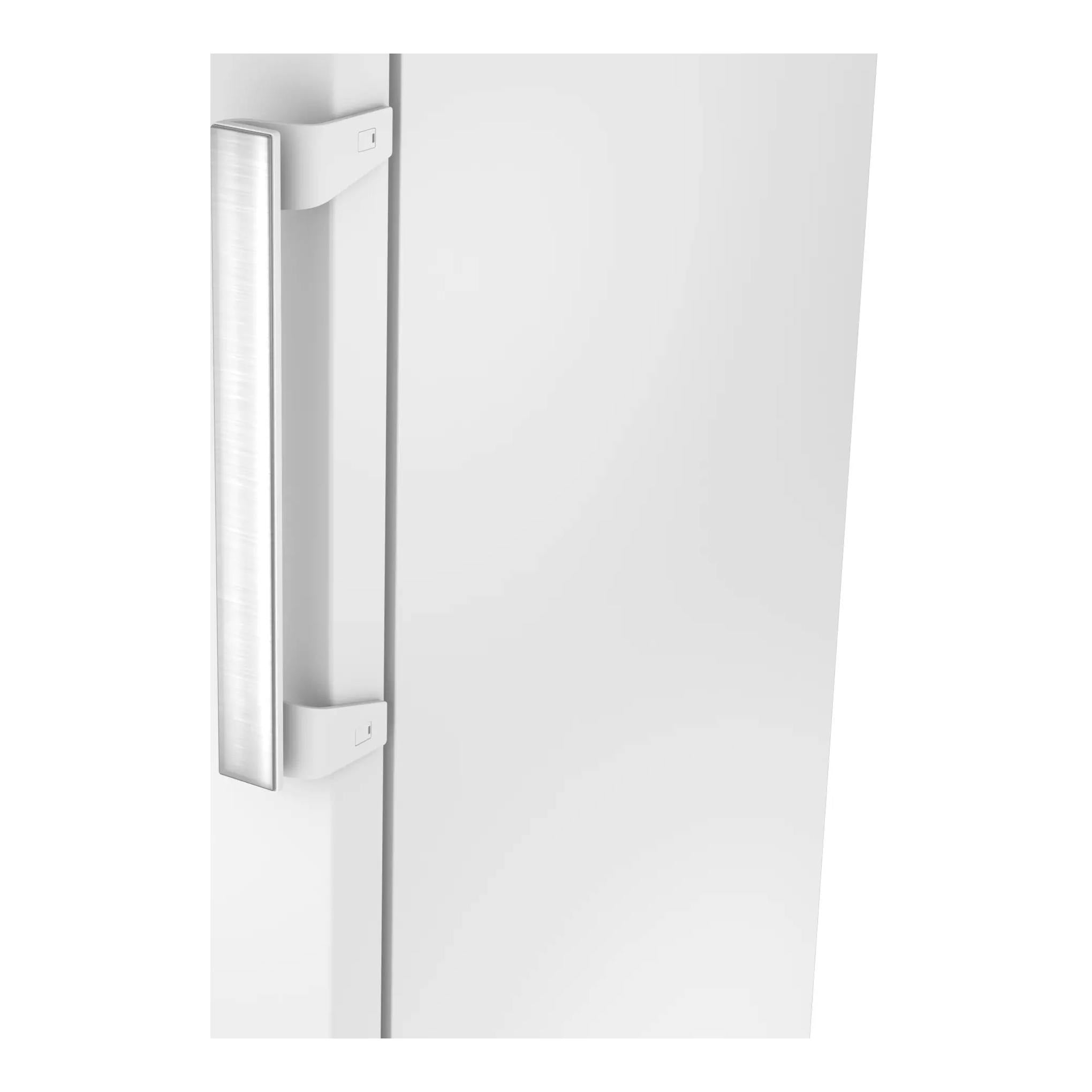 Frigorífico Siemens KS36NVWCG blanco, vista frontal de cerca con tirador vertical plateado.