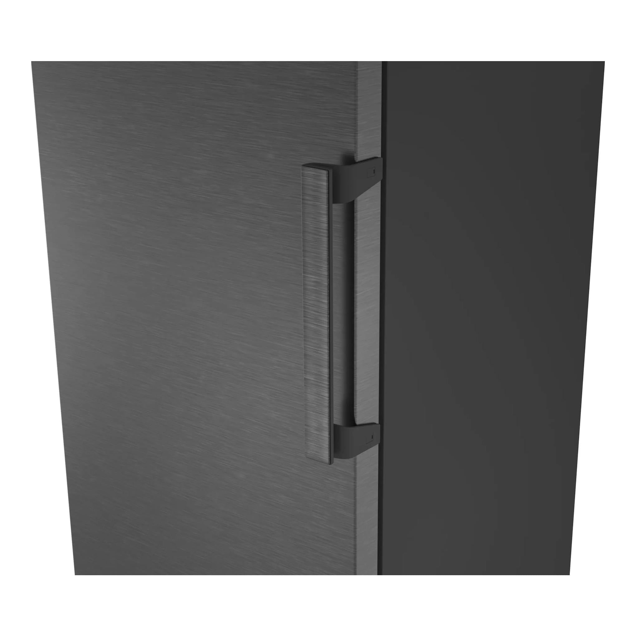 Frigorífico Siemens KS36NVXCG, primer plano de la bisagra lateral en acero inoxidable oscuro.