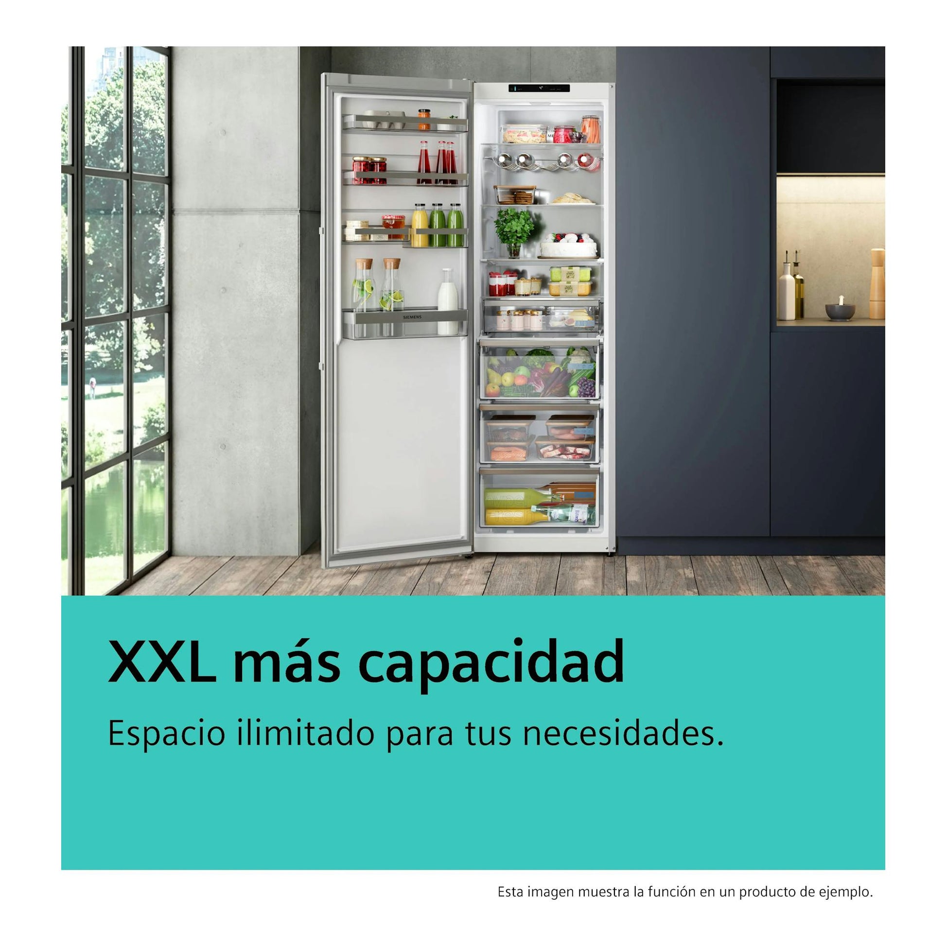Frigorífico Siemens KS36NVXCG abierto, vista frontal, color blanco/plata, con estantes y cajones llenos.