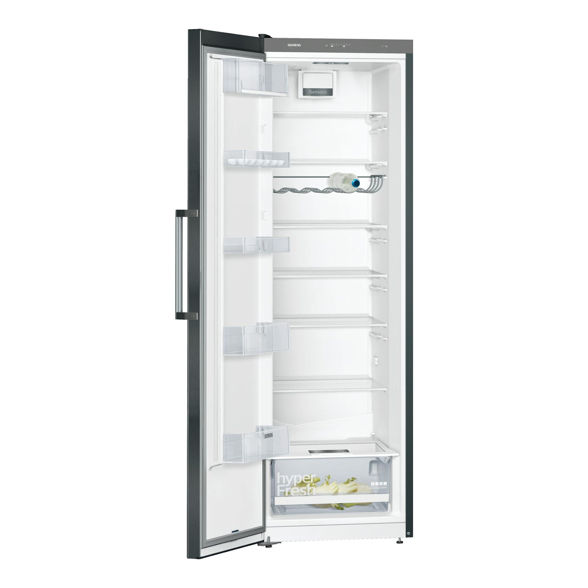 Frigorífico Siemens KS36VVXDP en vista frontal, puerta abierta, exterior gris oscuro e interior blanco.