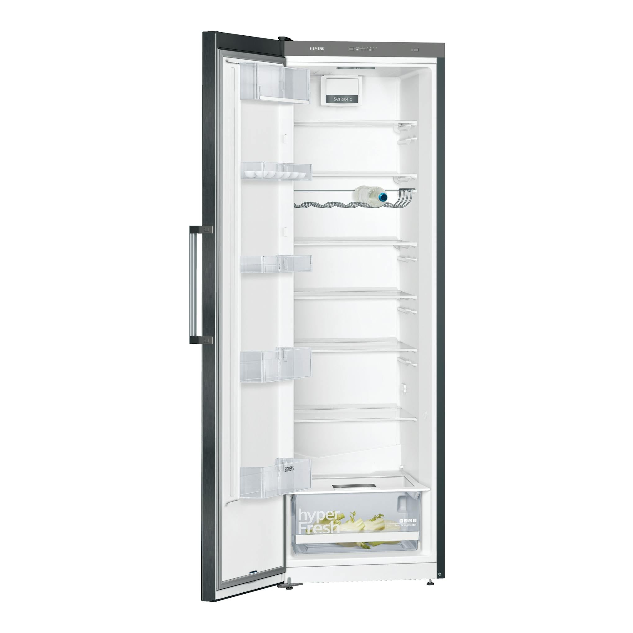 Frigorífico Siemens KS36VVXDP en vista frontal, puerta abierta, exterior gris oscuro e interior blanco.