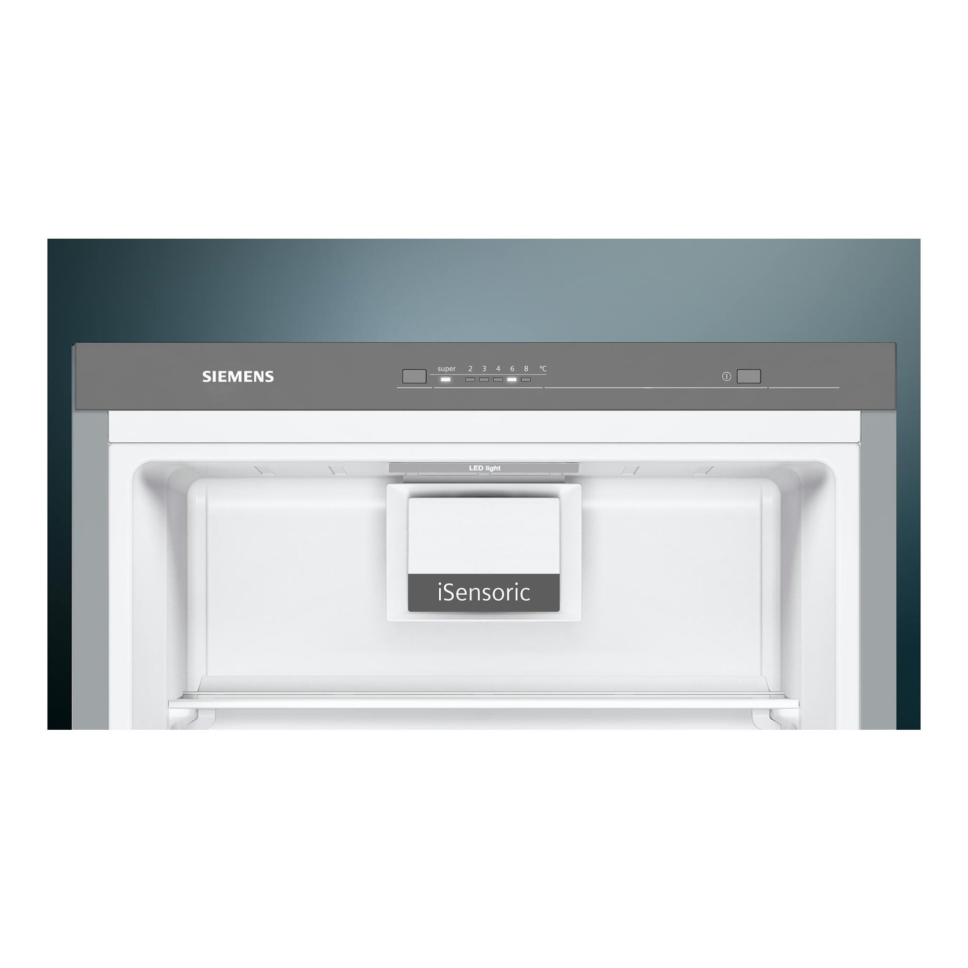 Frigorífico Siemens KS36VVXDP, vista frontal del interior superior en blanco y gris con panel iSensoric.