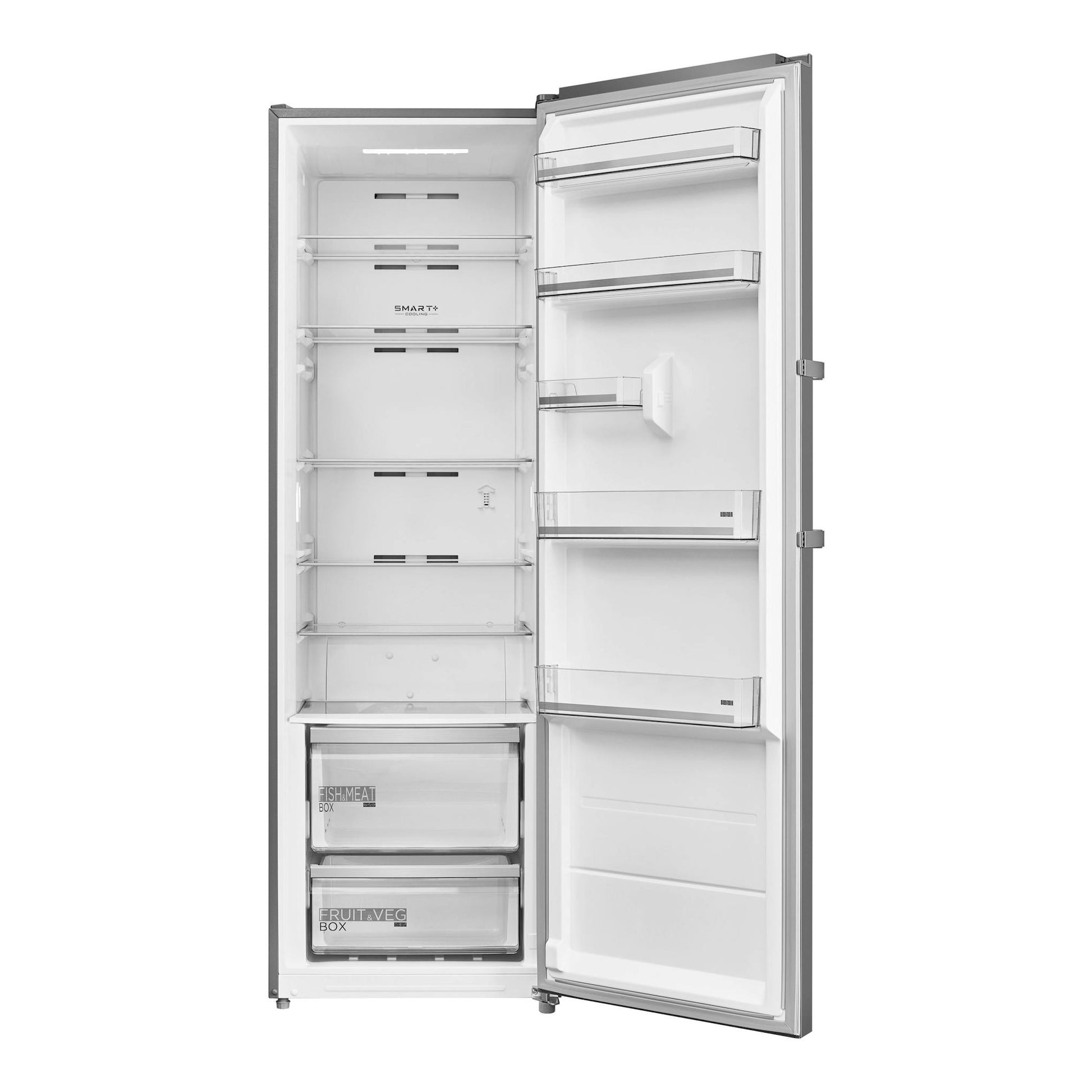 Frigorífico Midea MDRU502MTE46 inox de una puerta, abierto en vista frontal, con baldas y cajones
