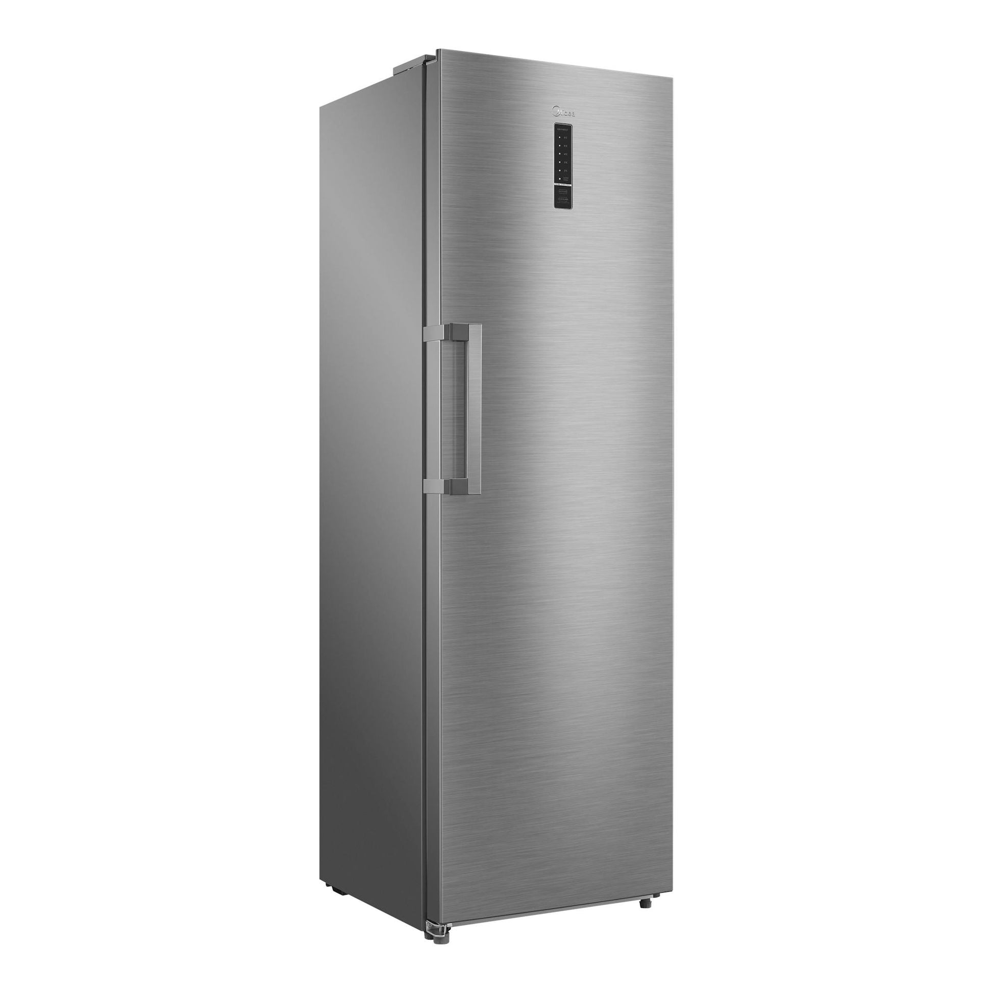Frigorífico Midea MDRU502MTE46 de una puerta, acabado inox, visto en ángulo frontal izquierdo.