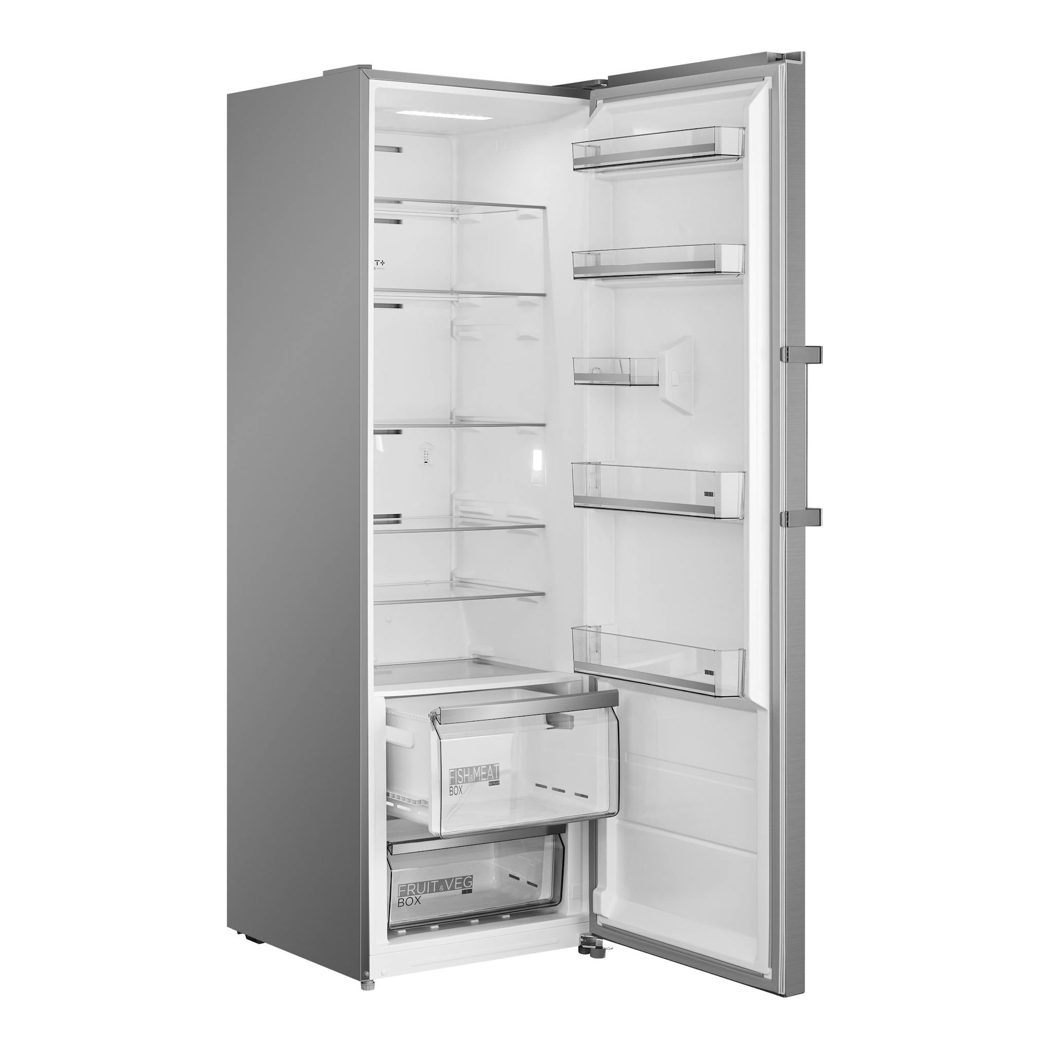 Frigorífico Midea MDRU502MTE46 de una puerta, inox, abierto en vista frontal con estantes y cajones visibles.