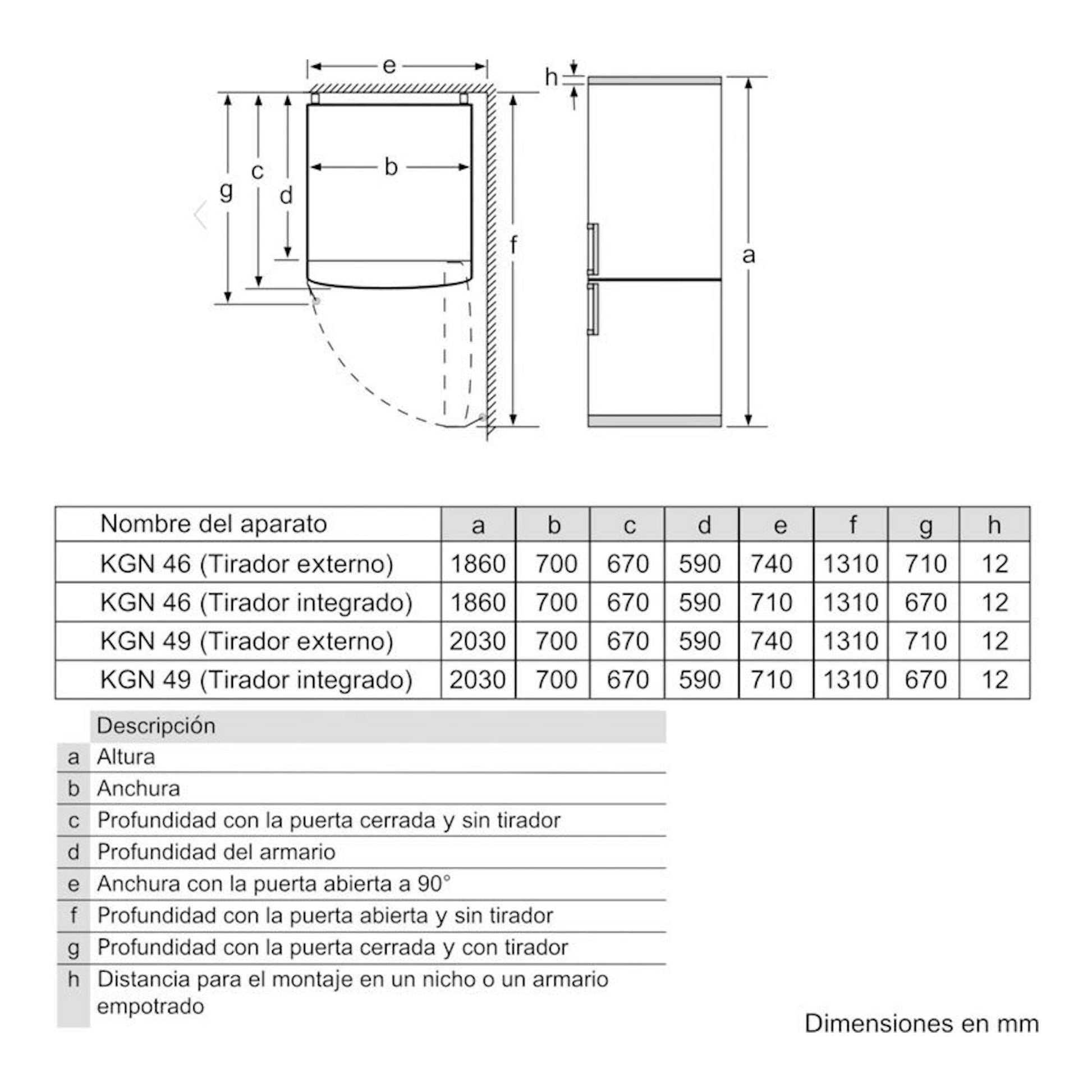 Bosch KGN493WDA: esquema técnico de frigorífico combi blanco con medidas en mm, vista frontal y lateral.