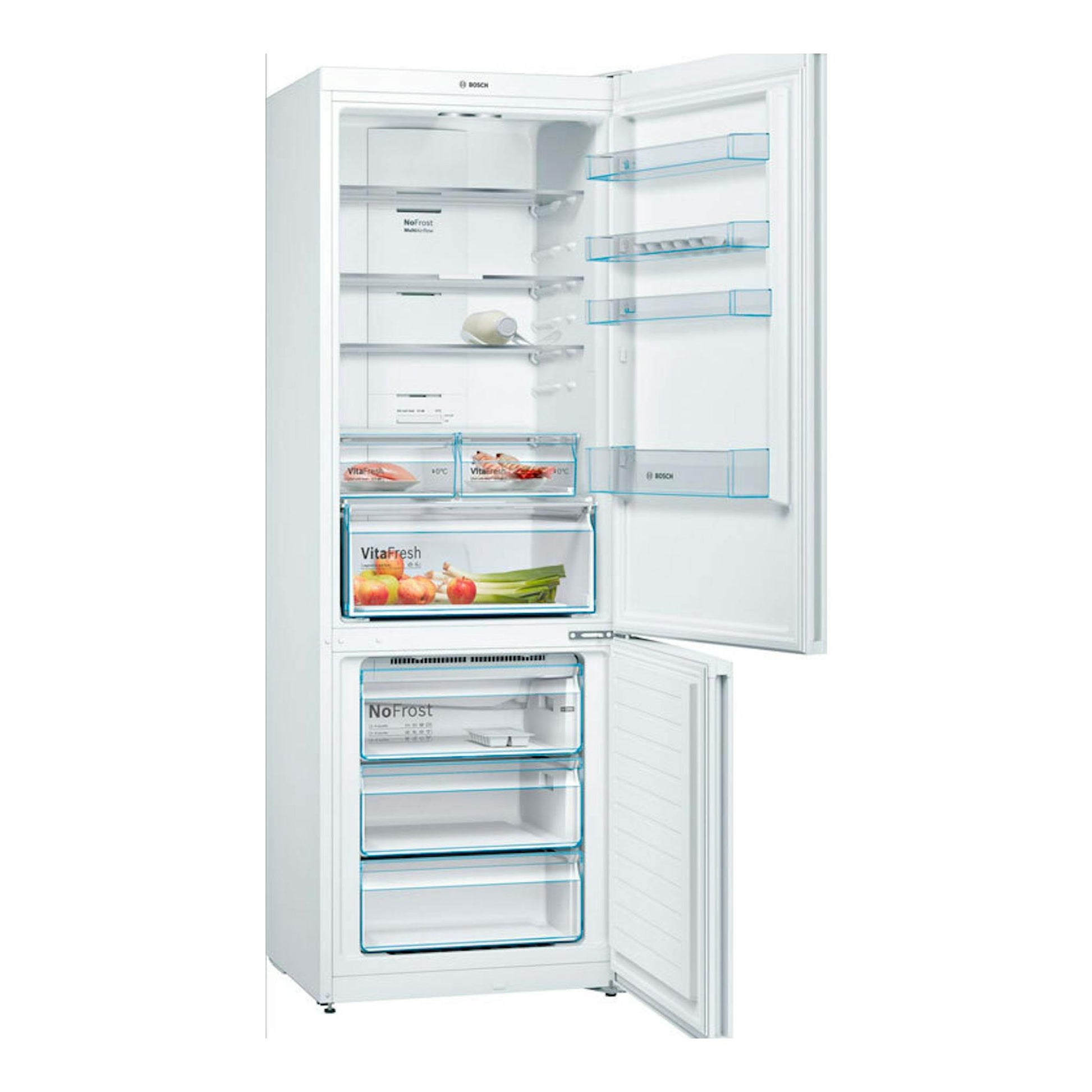 Frigorífico combi Bosch KGN493WDA blanco, puerta abierta, interior con estantes y cajones.
