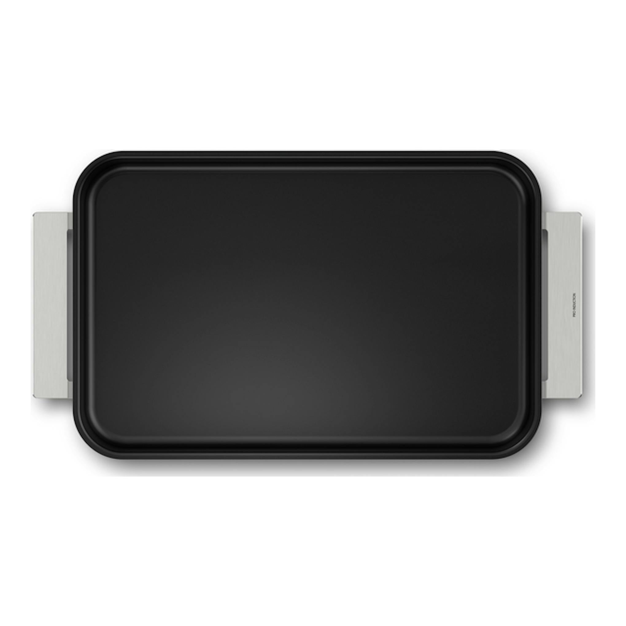 Sartén rectangular Siemens HZ9FF010 negra, vista superior, con asas laterales plateadas.