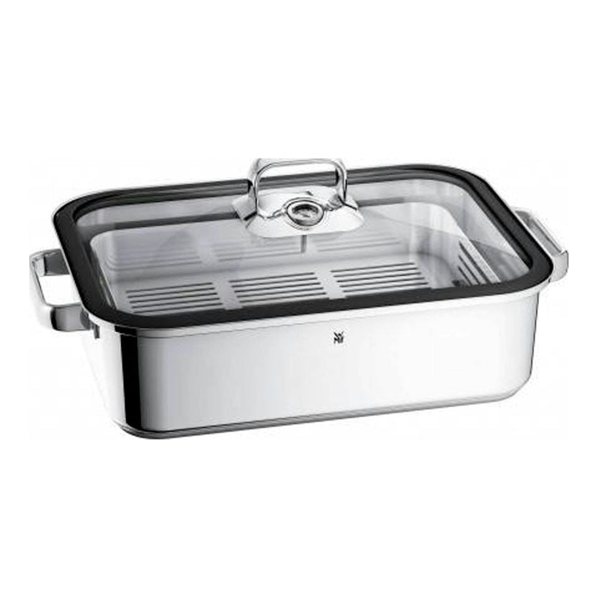 Fuente WMF Vitalis Aroma de acero inoxidable, rectangular, con tapa de vidrio y asas laterales, vista frontal.