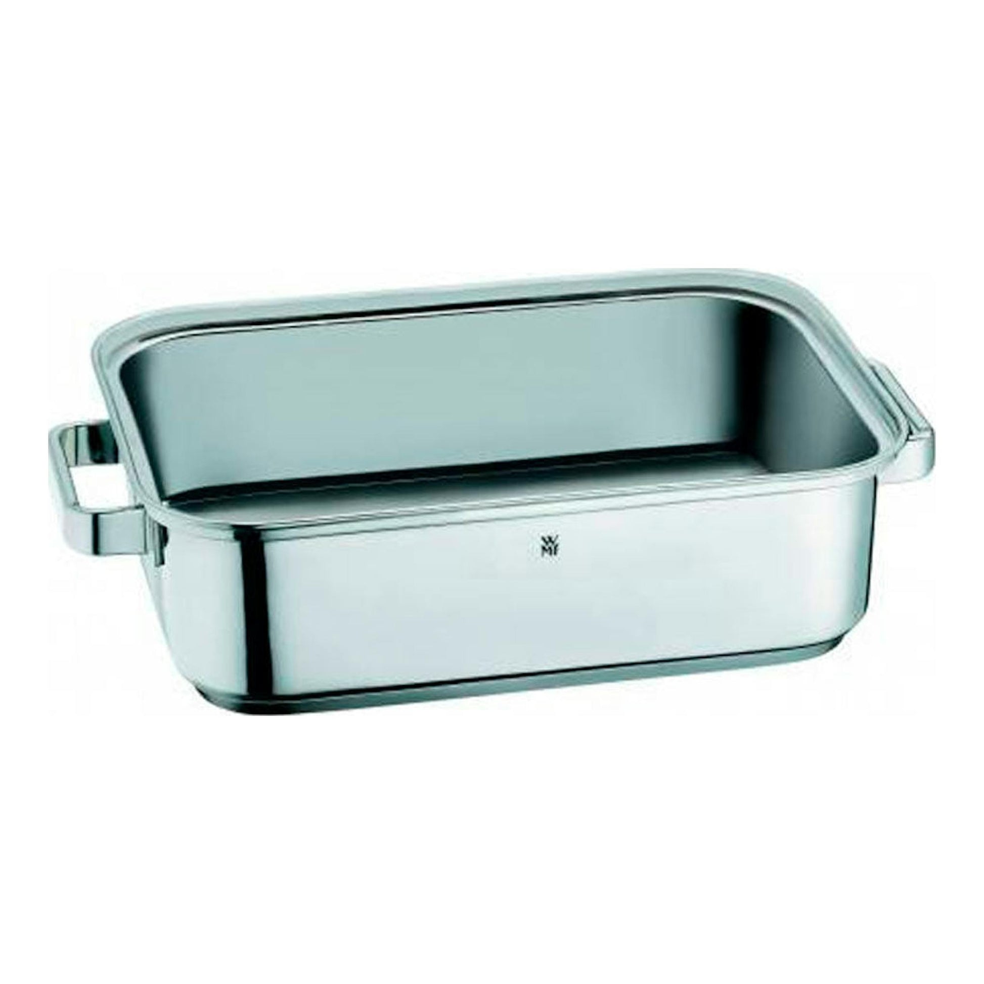 Fuente rectangular WMF Vitalis Aroma de acero inoxidable, vista frontal en ángulo, con asas laterales.