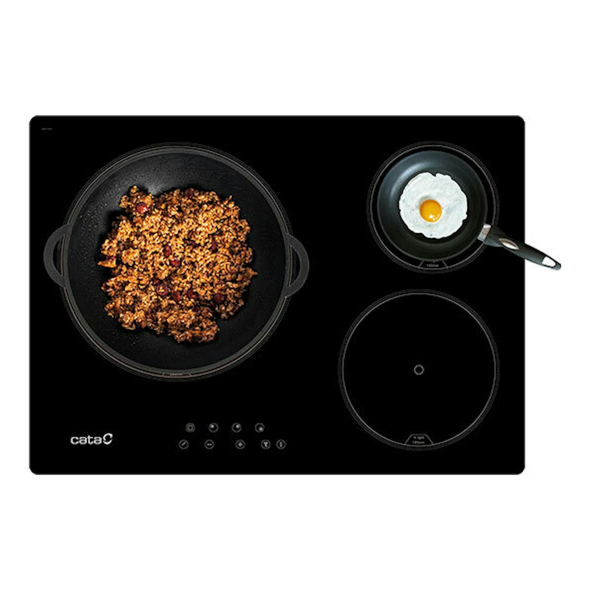 Placa vitrocerámica Cata TT5003/G negra, vista superior, con tres zonas de cocción y dos sartenes.