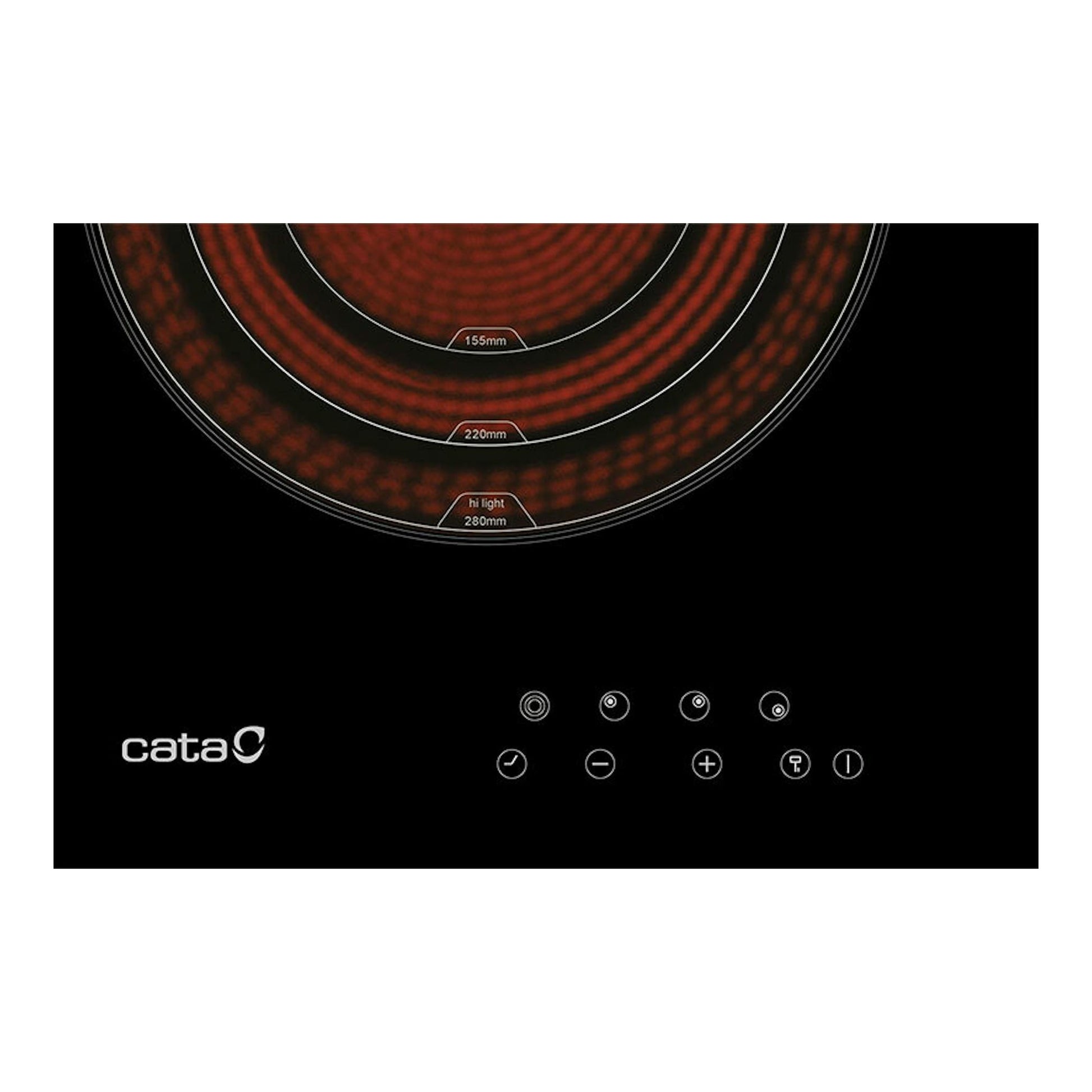 Placa vitrocerámica Cata TT5003/G negra, vista frontal parcial, con zona de cocción roja y controles táctiles.