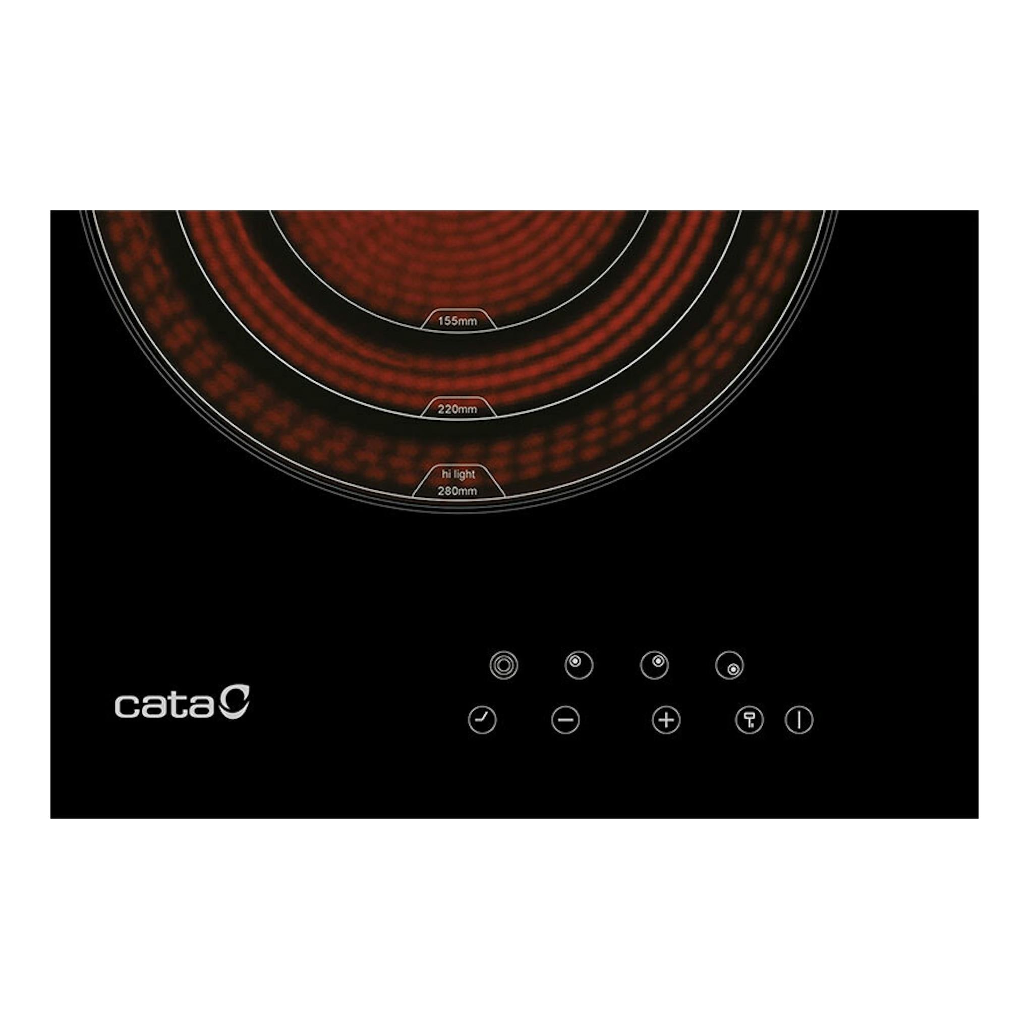 Placa vitrocerámica Cata TT5003/G negra, vista frontal parcial, con zona de cocción roja y controles táctiles.