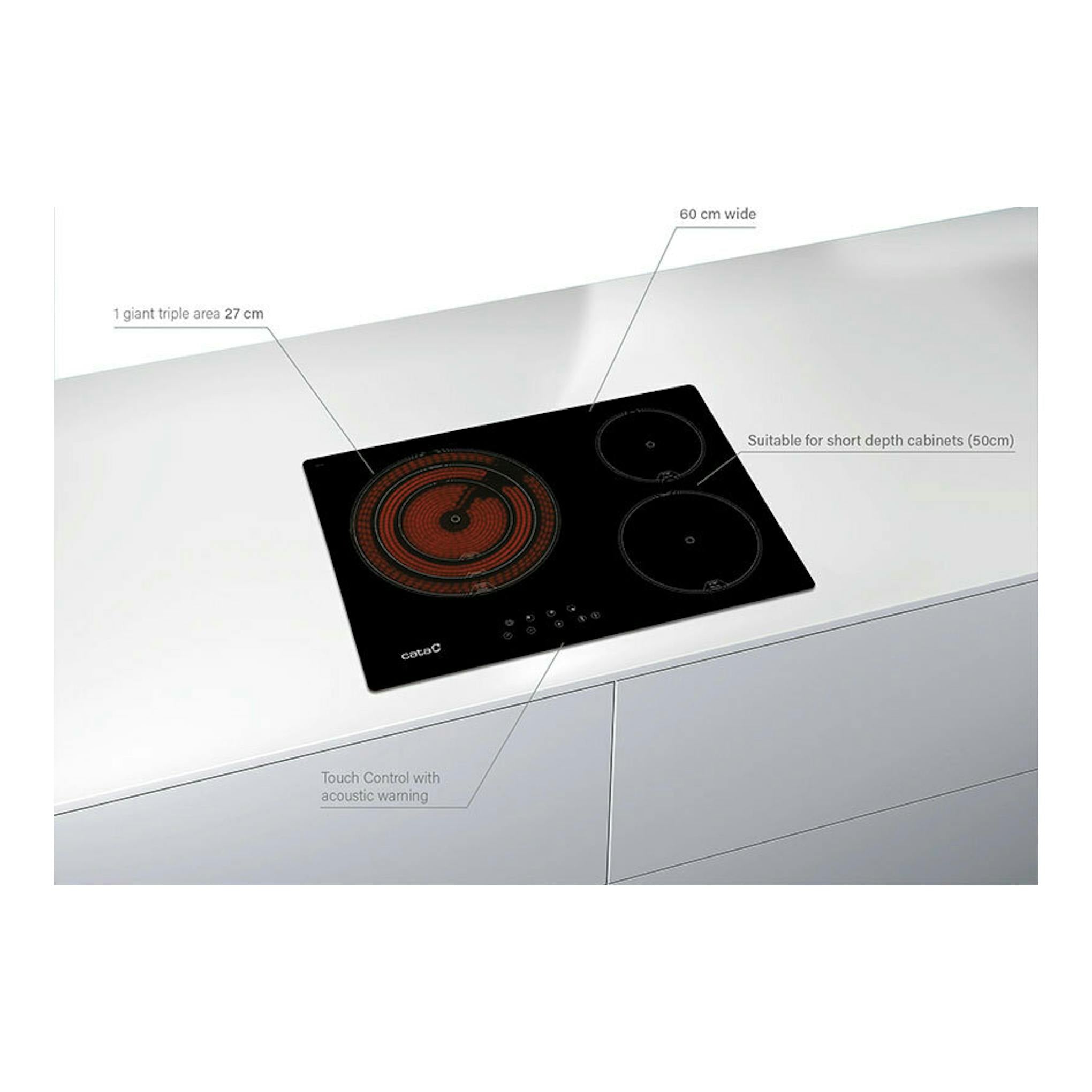 Placa vitrocerámica Cata TT5003/G negra, vista en perspectiva sobre encimera blanca, con 3 zonas.