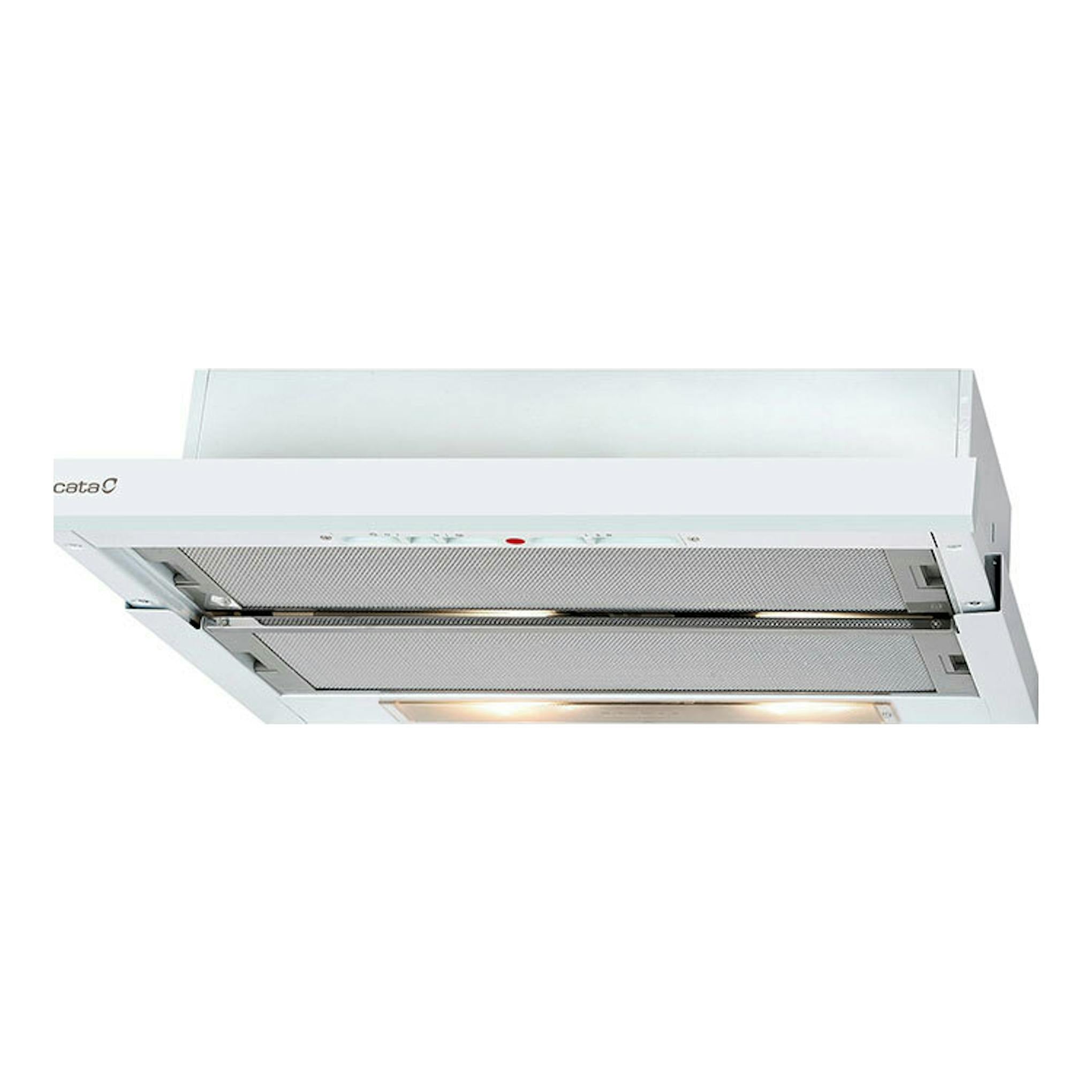 Campana extraíble Cata TF5260WH/G blanca, vista inferior y frontal, con filtros metálicos y luz.