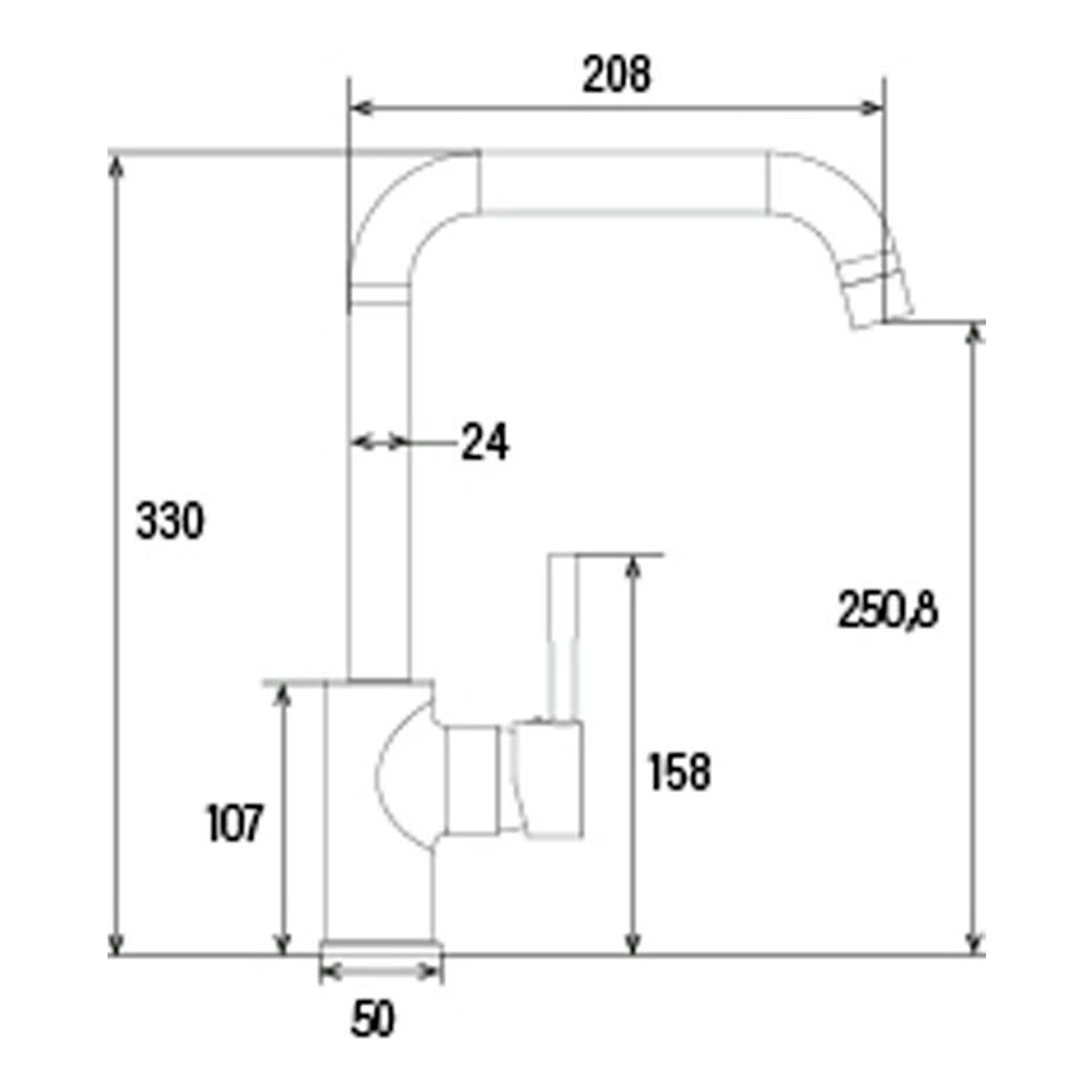 Grifo Cata BSA BK, vista lateral en plano técnico con medidas del grifo en forma de L.