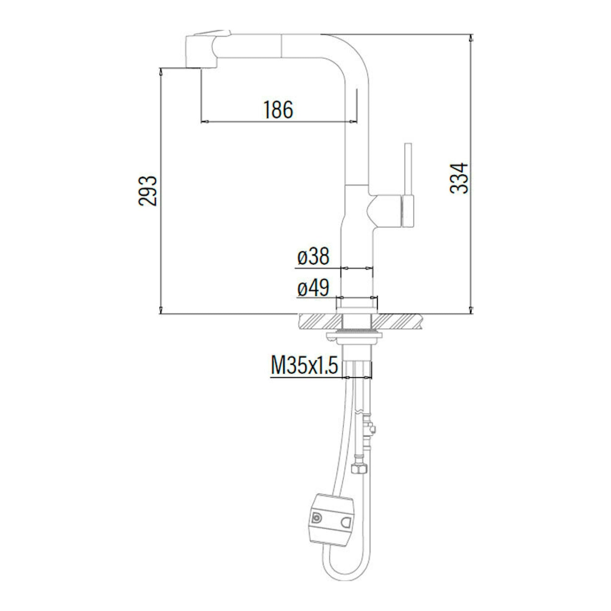 Grifo Cata BSE Inox, vista lateral en dibujo técnico con medidas y conexión inferior.