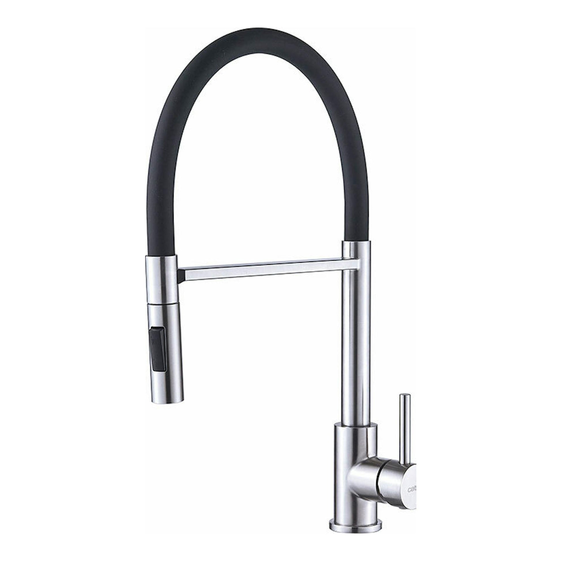 Grifo Cata NPB negro y acero inoxidable, vista frontal, caño arqueado alto y mando lateral.
