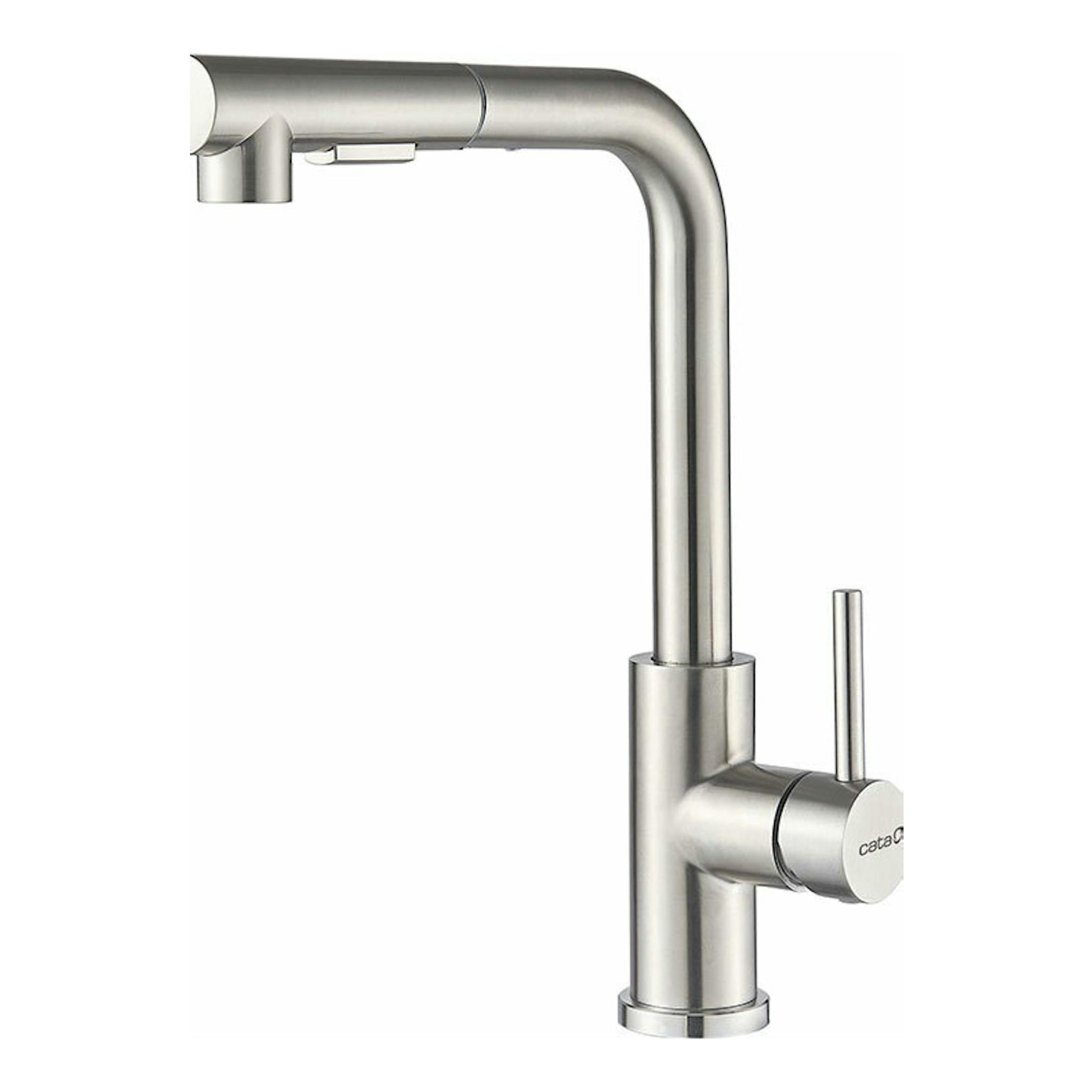 Grifo Cata XSE X B de acero inoxidable, vista frontal, con caño alto curvo y mando lateral.