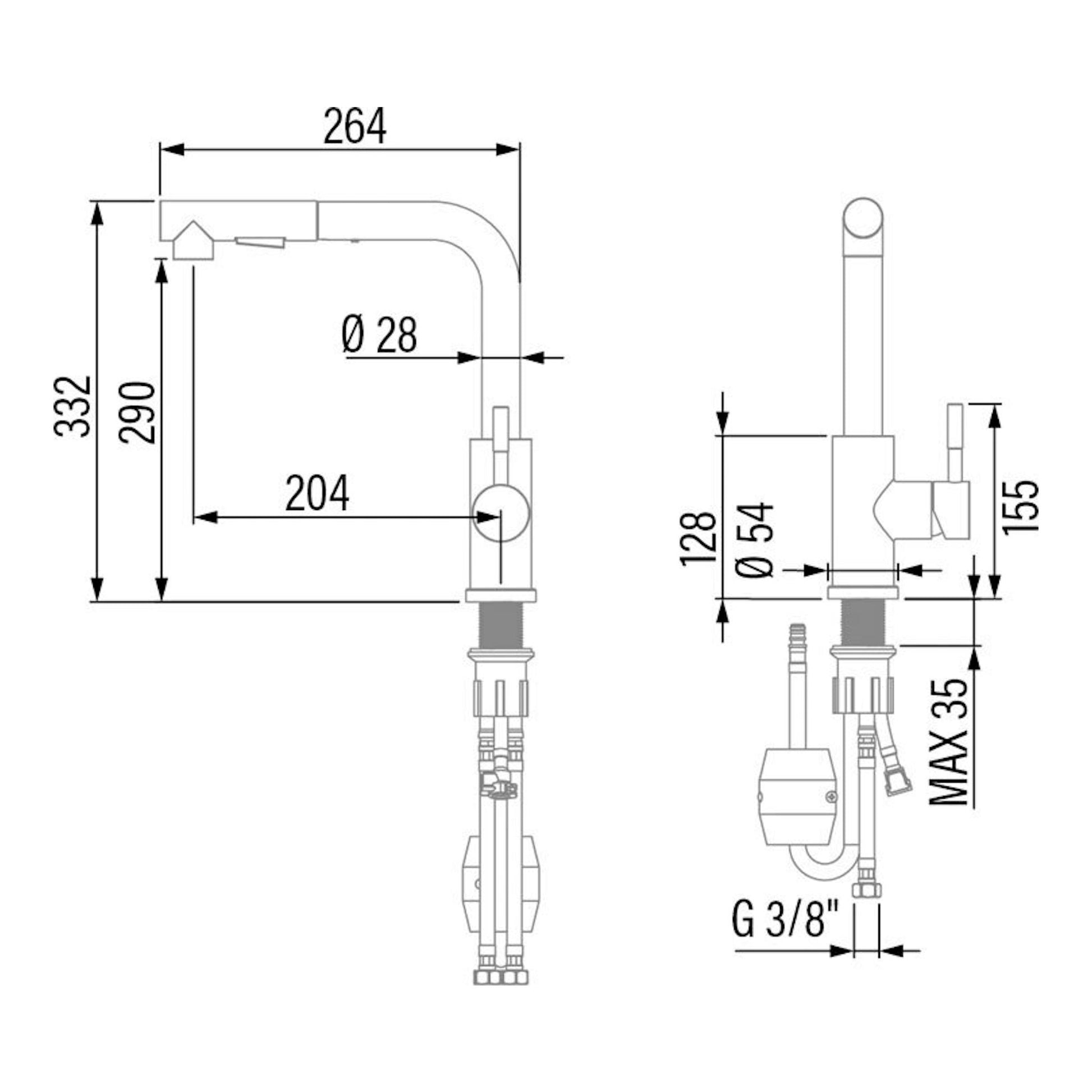 Dibujo técnico del grifo Cata XSE X B en vista frontal y lateral, con medidas y conexiones.