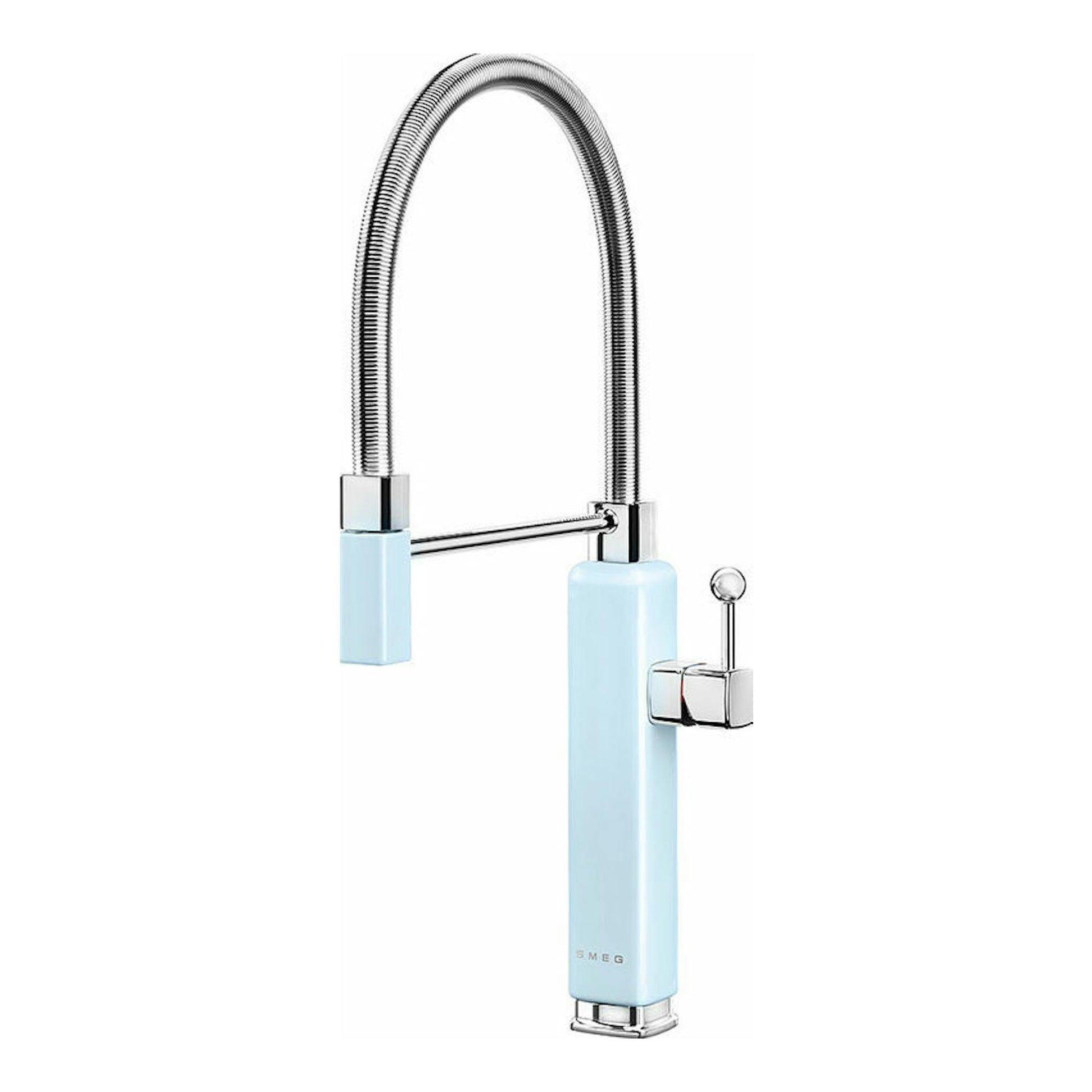 Grifo de cocina Smeg MDF50PB azul claro, vista frontal, con caño flexible cromado y mando lateral.